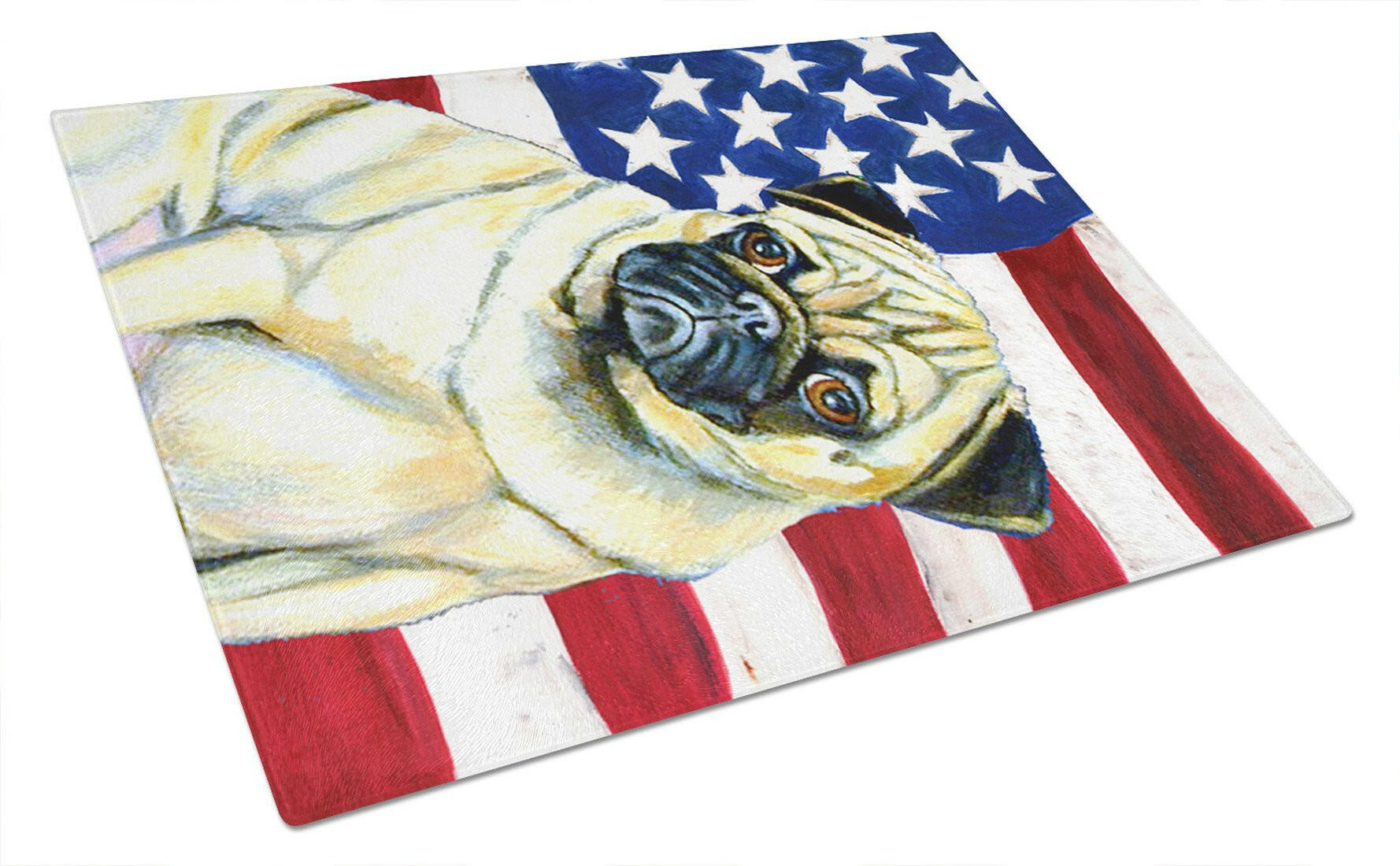 USA American Flag with Pug Cutting Board Tempered Glass Kitchen Cutting Surface, Heat Resistant Chopping, Non-Slip Feet, Food Prep & Serving