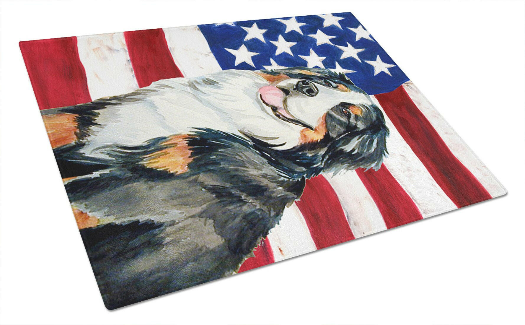 USA American Flag with Bernese Mountain Dog Cutting Board Tempered Glass Kitchen Cutting Surface, Heat Resistant Chopping, Non-Slip Feet, Food Prep & Serving