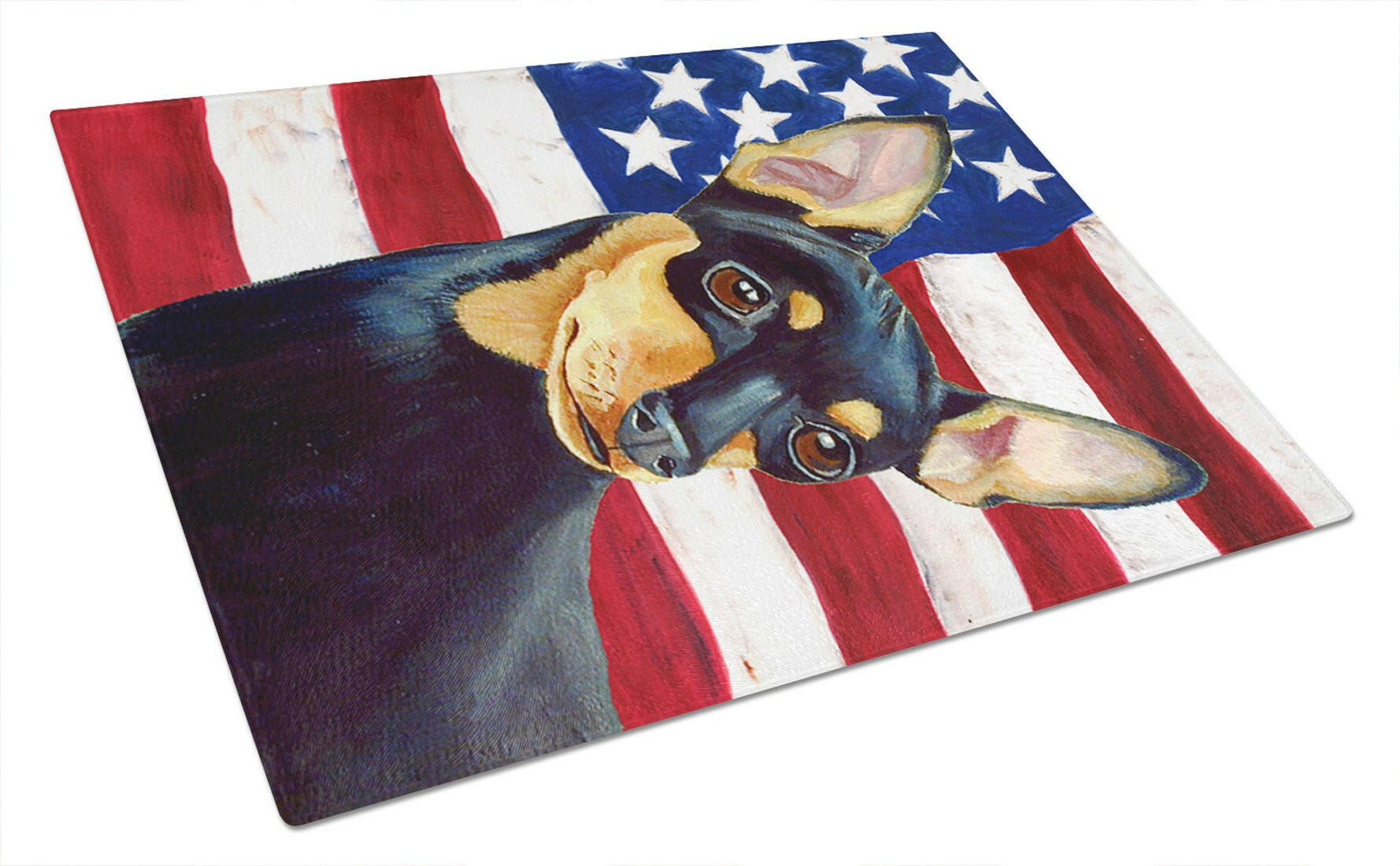 USA American Flag with Min Pin Cutting Board Tempered Glass Kitchen Cutting Surface, Heat Resistant Chopping, Non-Slip Feet, Food Prep & Serving