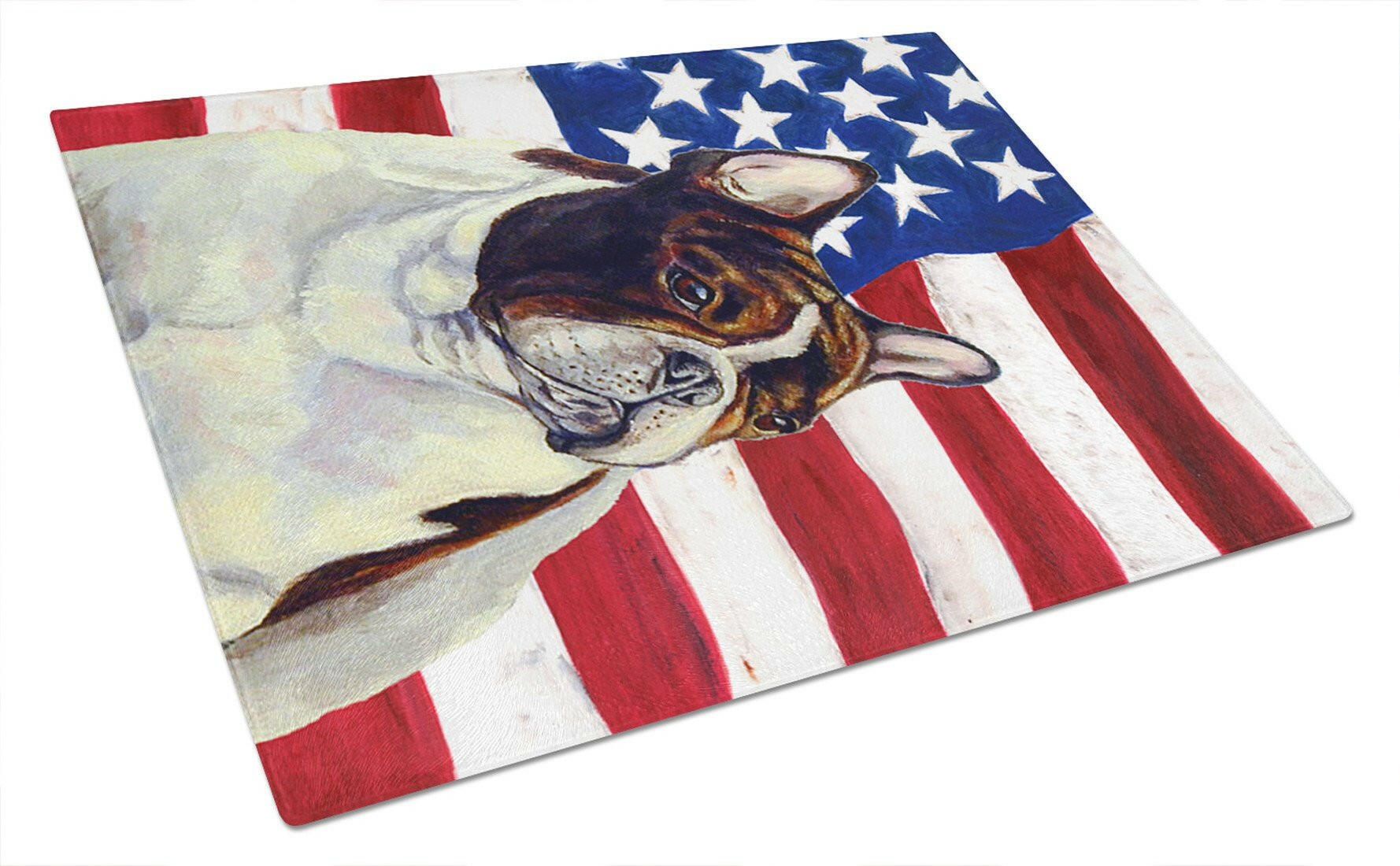 USA American Flag with French Bulldog Cutting Board Tempered Glass Kitchen Cutting Surface, Heat Resistant Chopping, Non-Slip Feet, Food Prep & Serving