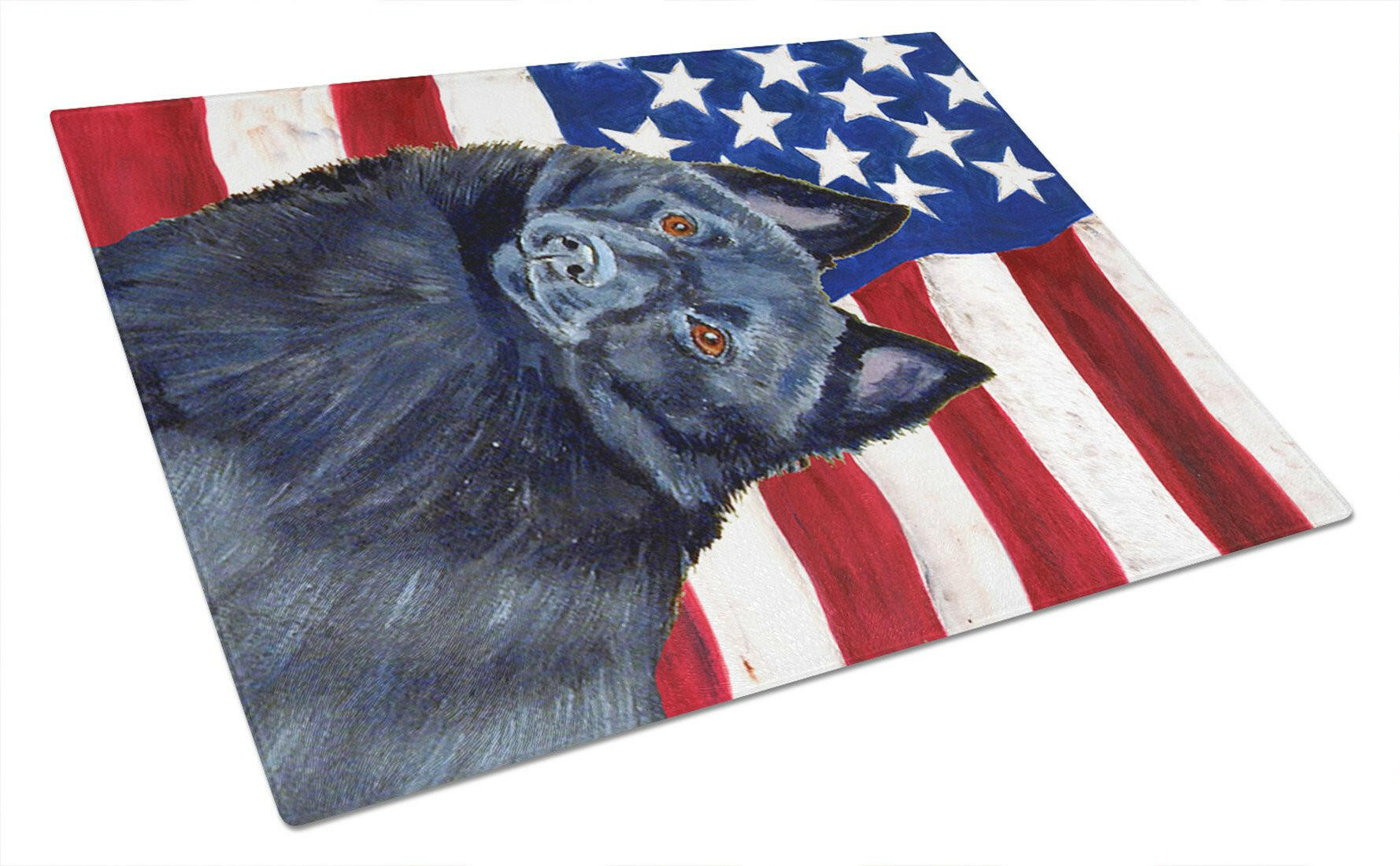 USA American Flag with Schipperke Cutting Board Tempered Glass Kitchen Cutting Surface, Heat Resistant Chopping, Non-Slip Feet, Food Prep & Serving