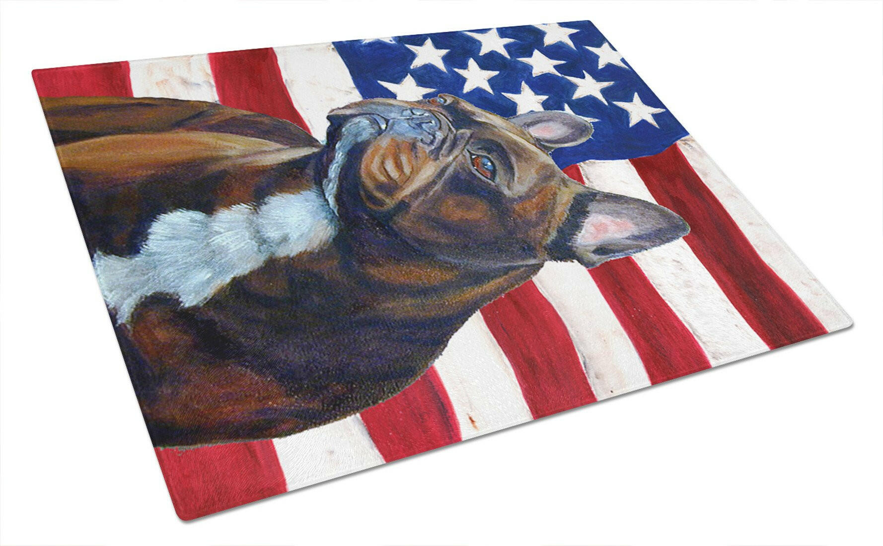USA American Flag with French Bulldog Cutting Board Tempered Glass Kitchen Cutting Surface, Heat Resistant Chopping, Non-Slip Feet, Food Prep & Serving