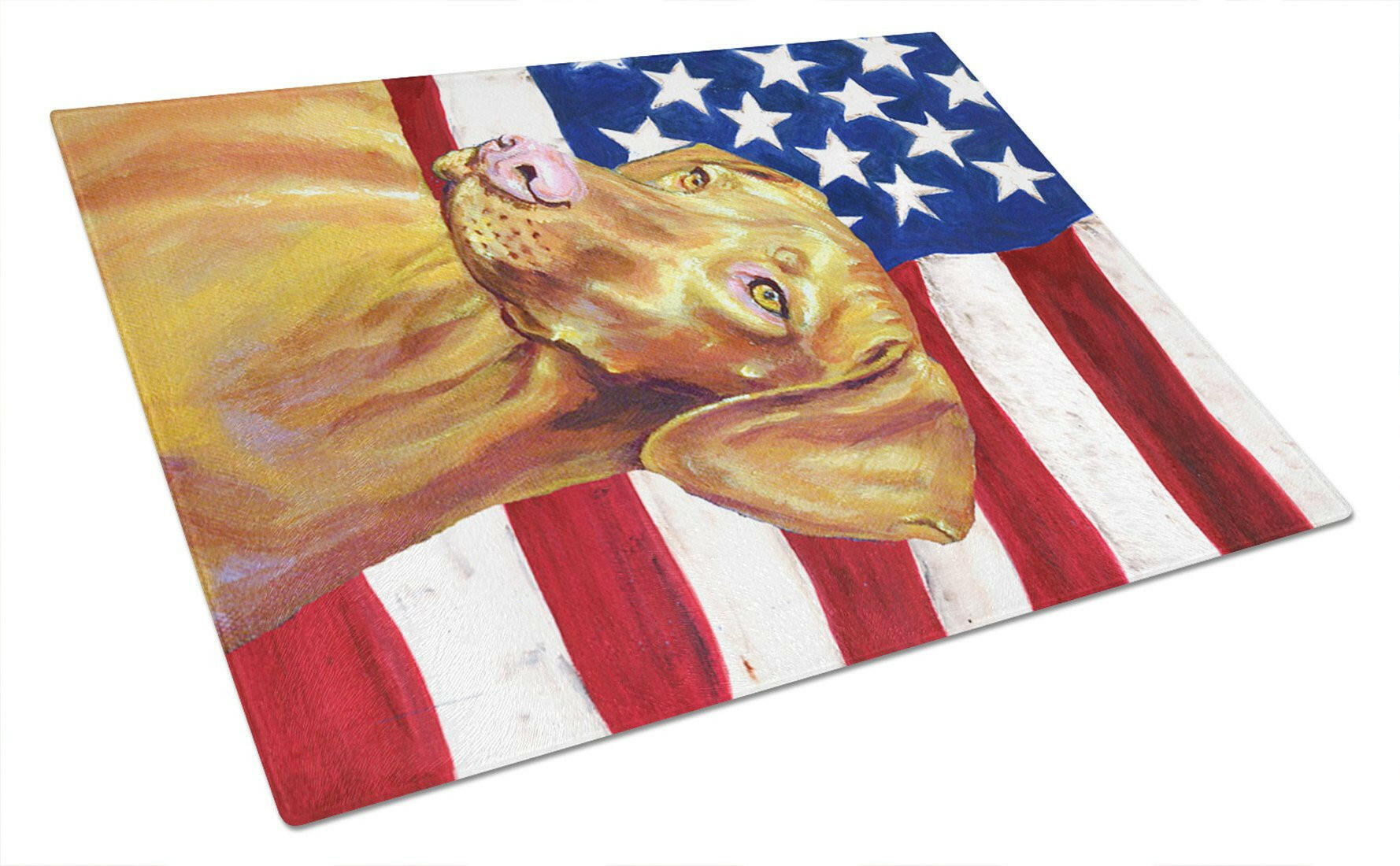 USA American Flag with Vizsla Cutting Board Tempered Glass Kitchen Cutting Surface, Heat Resistant Chopping, Non-Slip Feet, Food Prep & Serving