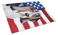 USA American Flag with Basset Hound Cutting Board Tempered Glass Kitchen Cutting Surface, Heat Resistant Chopping, Non-Slip Feet, Food Prep & Serving