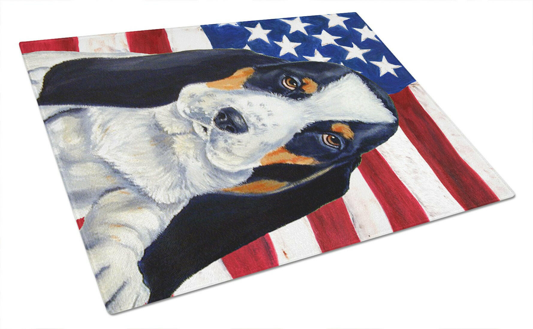 USA American Flag with Basset Hound Cutting Board Tempered Glass Kitchen Cutting Surface, Heat Resistant Chopping, Non-Slip Feet, Food Prep & Serving