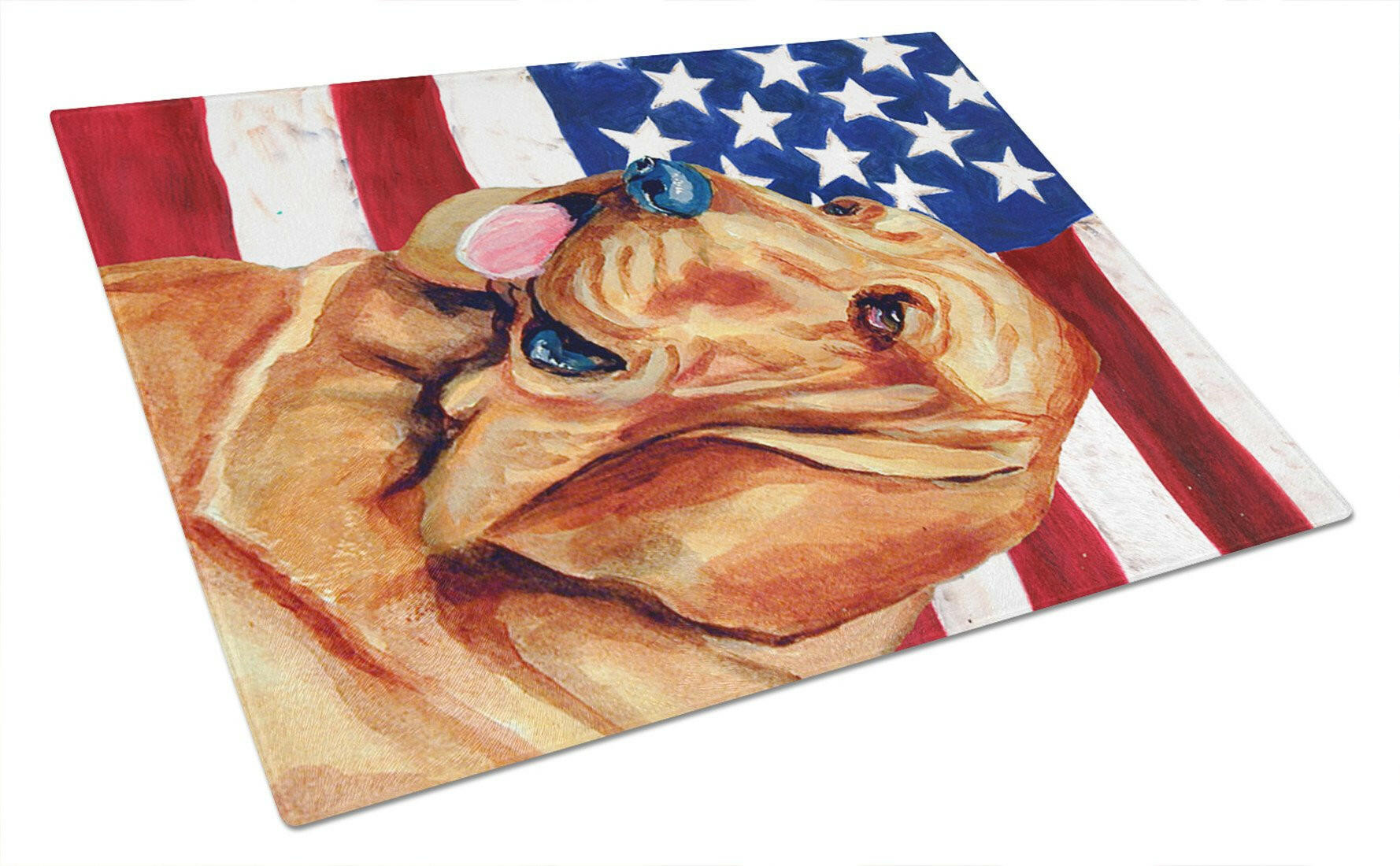 USA American Flag with Bloodhound Cutting Board Tempered Glass Kitchen Cutting Surface, Heat Resistant Chopping, Non-Slip Feet, Food Prep & Serving