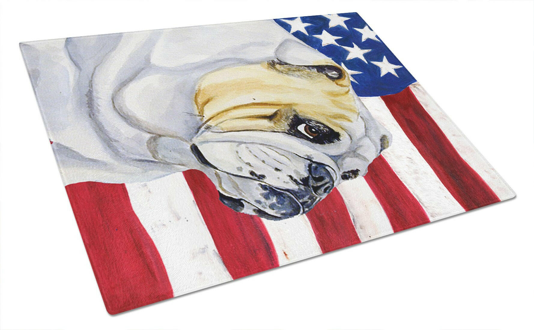 USA American Flag with English Bulldog Cutting Board Tempered Glass Kitchen Cutting Surface, Heat Resistant Chopping, Non-Slip Feet, Food Prep & Serving