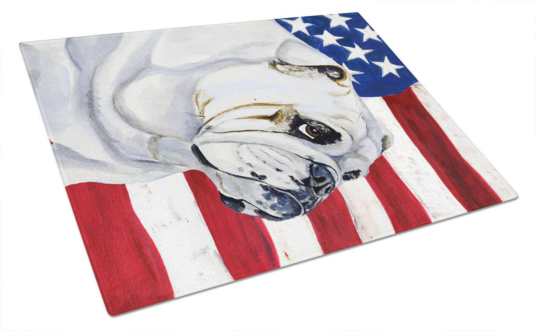 USA American Flag with English Bulldog Cutting Board Tempered Glass Kitchen Cutting Surface, Heat Resistant Chopping, Non-Slip Feet, Food Prep & Serving