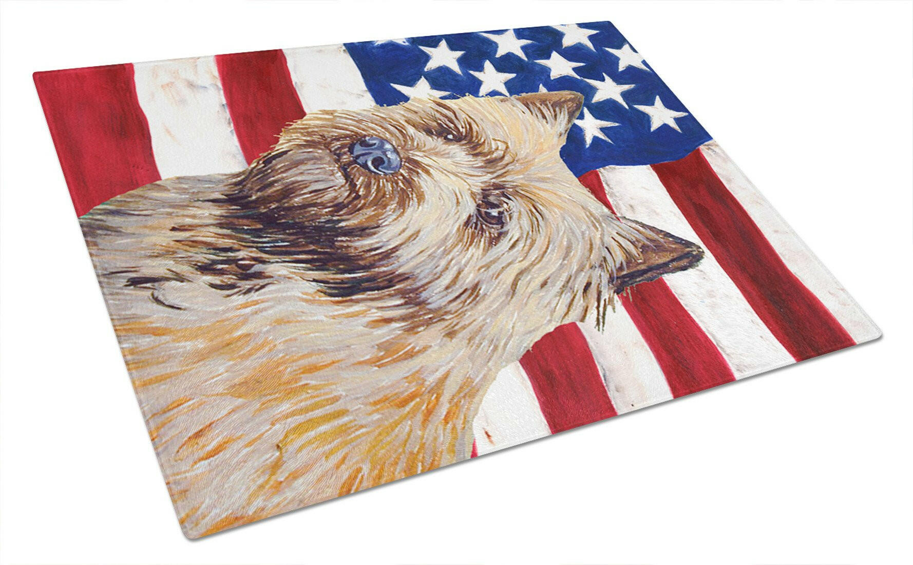 USA American Flag with Cairn Terrier Cutting Board Tempered Glass Kitchen Cutting Surface, Heat Resistant Chopping, Non-Slip Feet, Food Prep & Serving