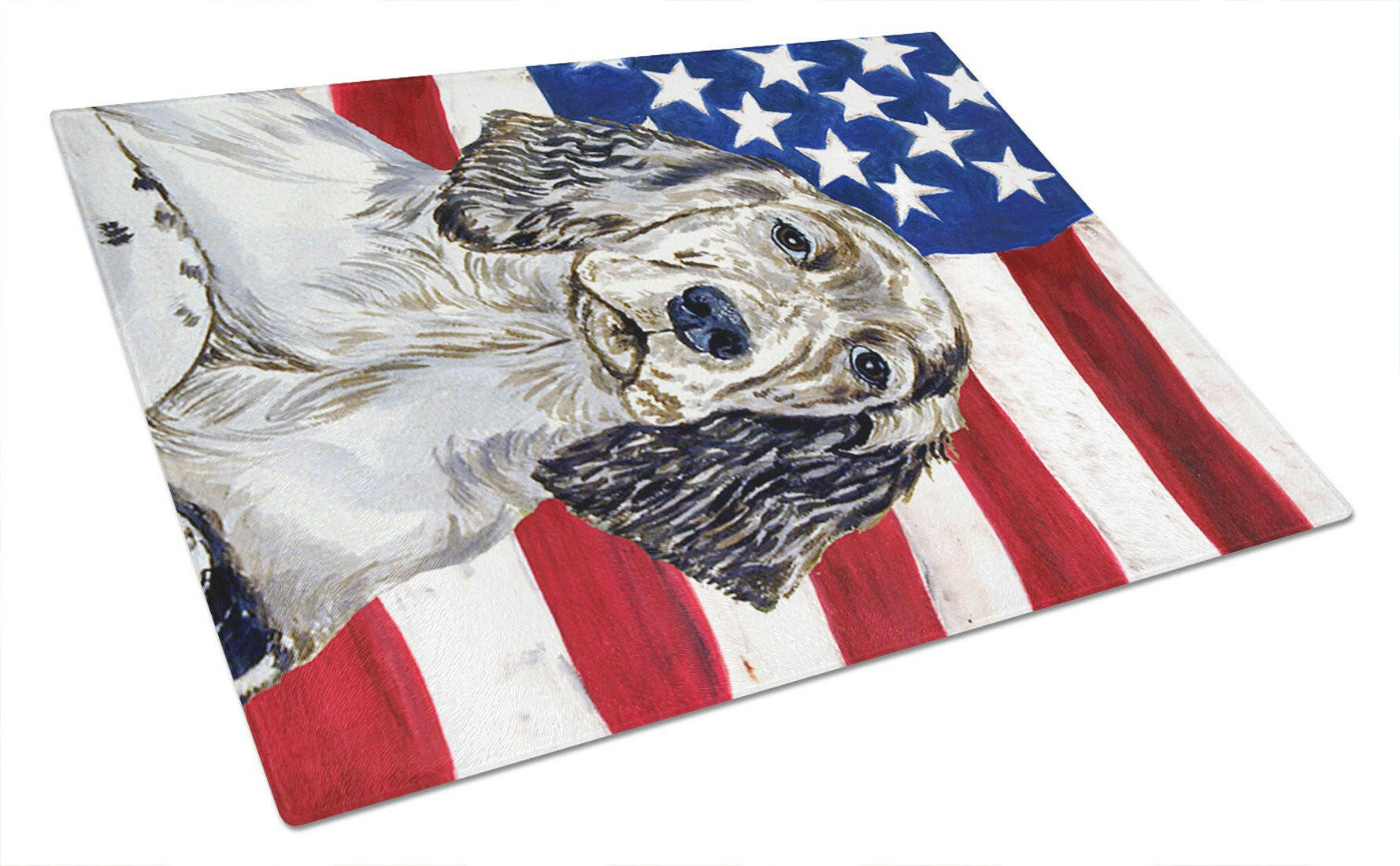 USA American Flag with English Setter Cutting Board Tempered Glass Kitchen Cutting Surface, Heat Resistant Chopping, Non-Slip Feet, Food Prep & Serving