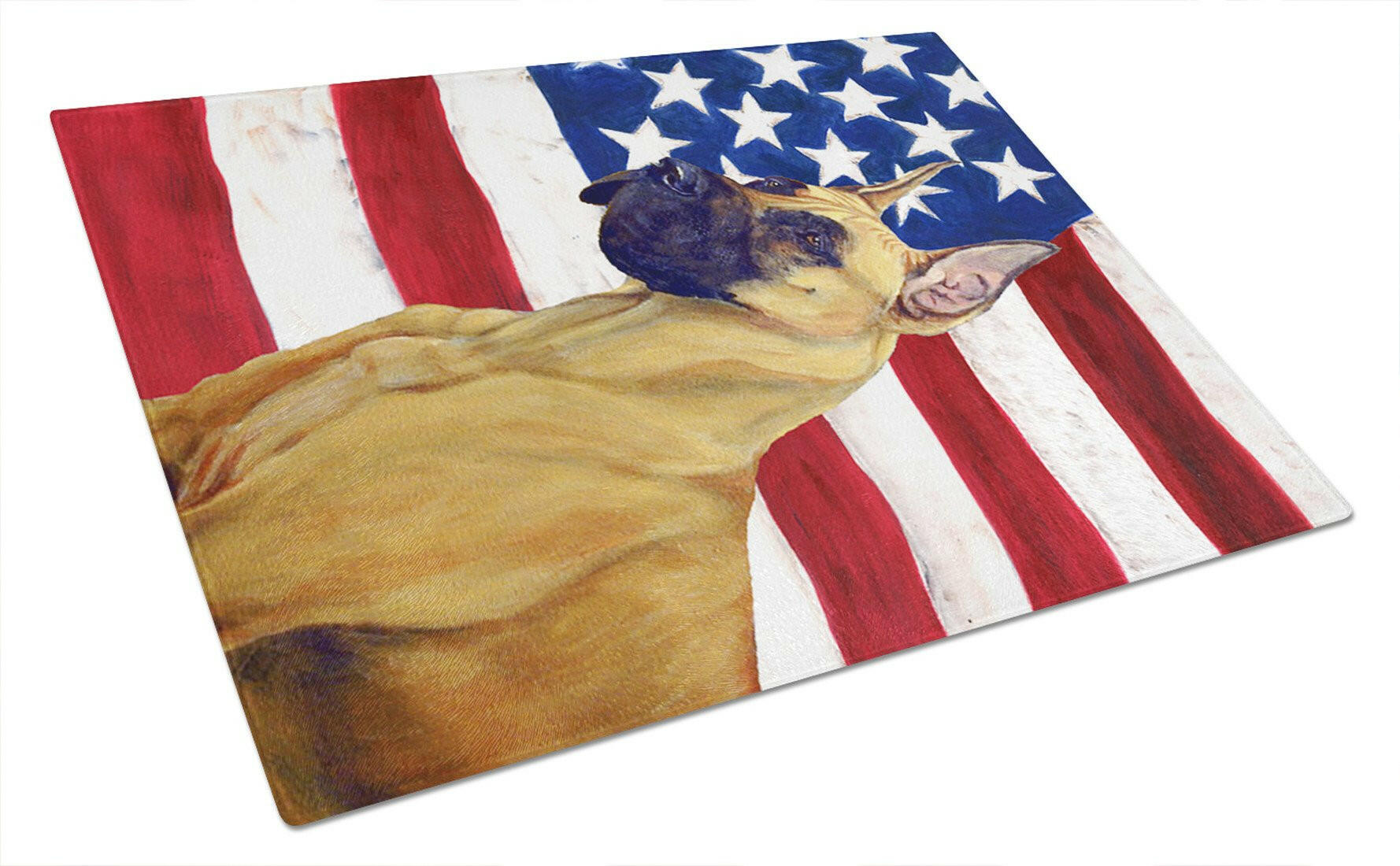 USA American Flag with Great Dane Cutting Board Tempered Glass Kitchen Cutting Surface, Heat Resistant Chopping, Non-Slip Feet, Food Prep & Serving