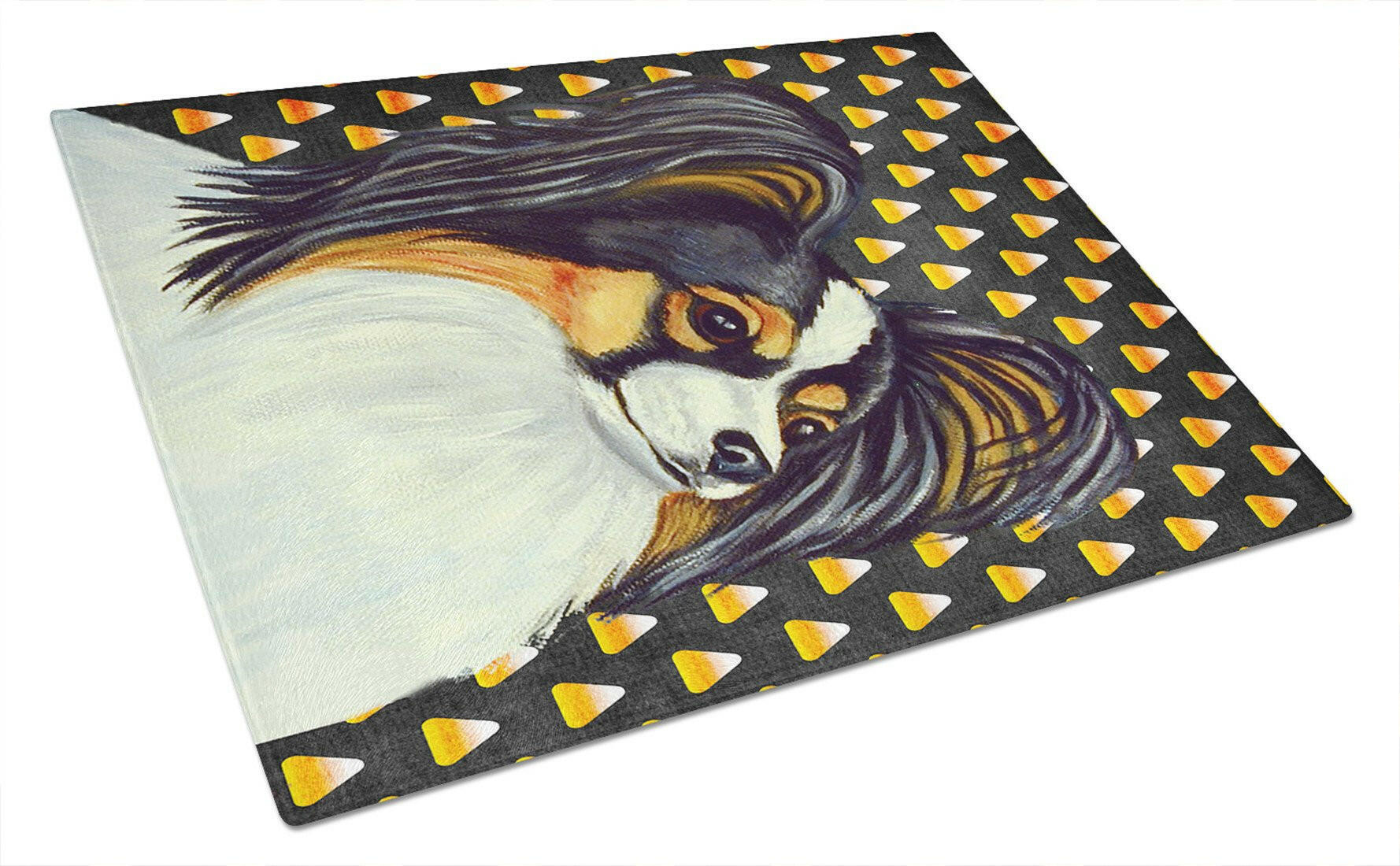 Papillon Candy Corn Halloween Portrait Cutting Board Tempered Glass Kitchen Cutting Surface, Heat Resistant Chopping, Non-Slip Feet, Food Prep & Serving