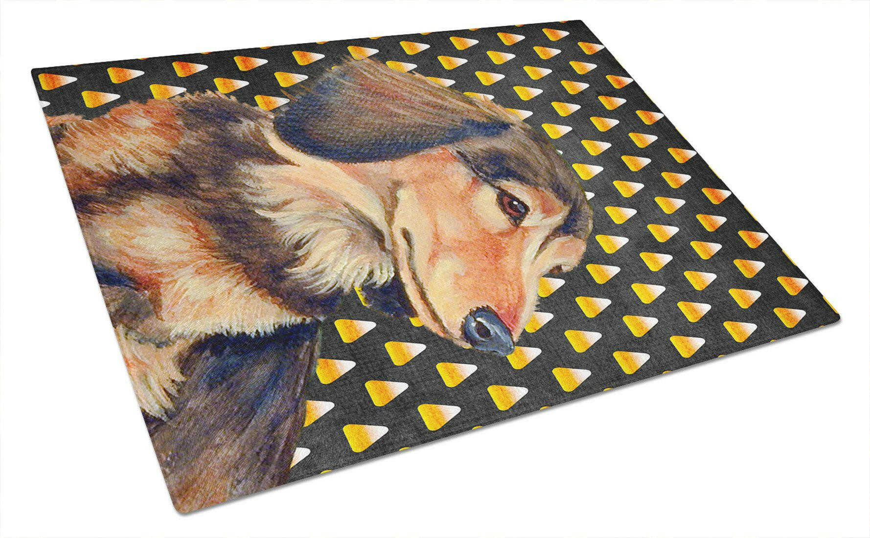 Dachshund Candy Corn Halloween Portrait Cutting Board Tempered Glass Kitchen Cutting Surface, Heat Resistant Chopping, Non-Slip Feet, Food Prep & Serving