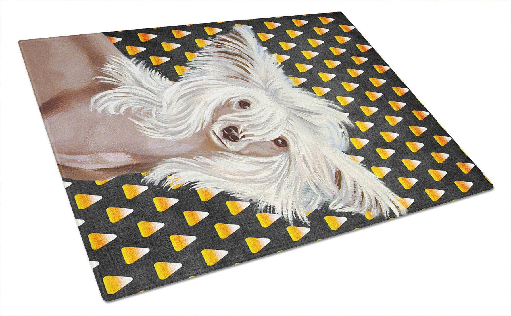 Chinese Crested Candy Corn Halloween Portrait Cutting Board Tempered Glass Kitchen Cutting Surface, Heat Resistant Chopping, Non-Slip Feet, Food Prep & Serving