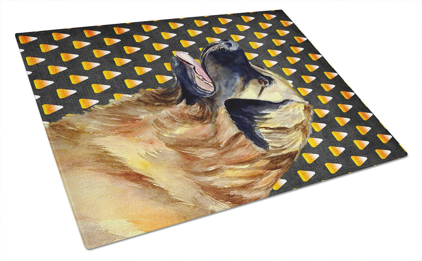 Leonberger Candy Corn Halloween Portrait Cutting Board Tempered Glass Kitchen Cutting Surface, Heat Resistant Chopping, Non-Slip Feet, Food Prep & Serving