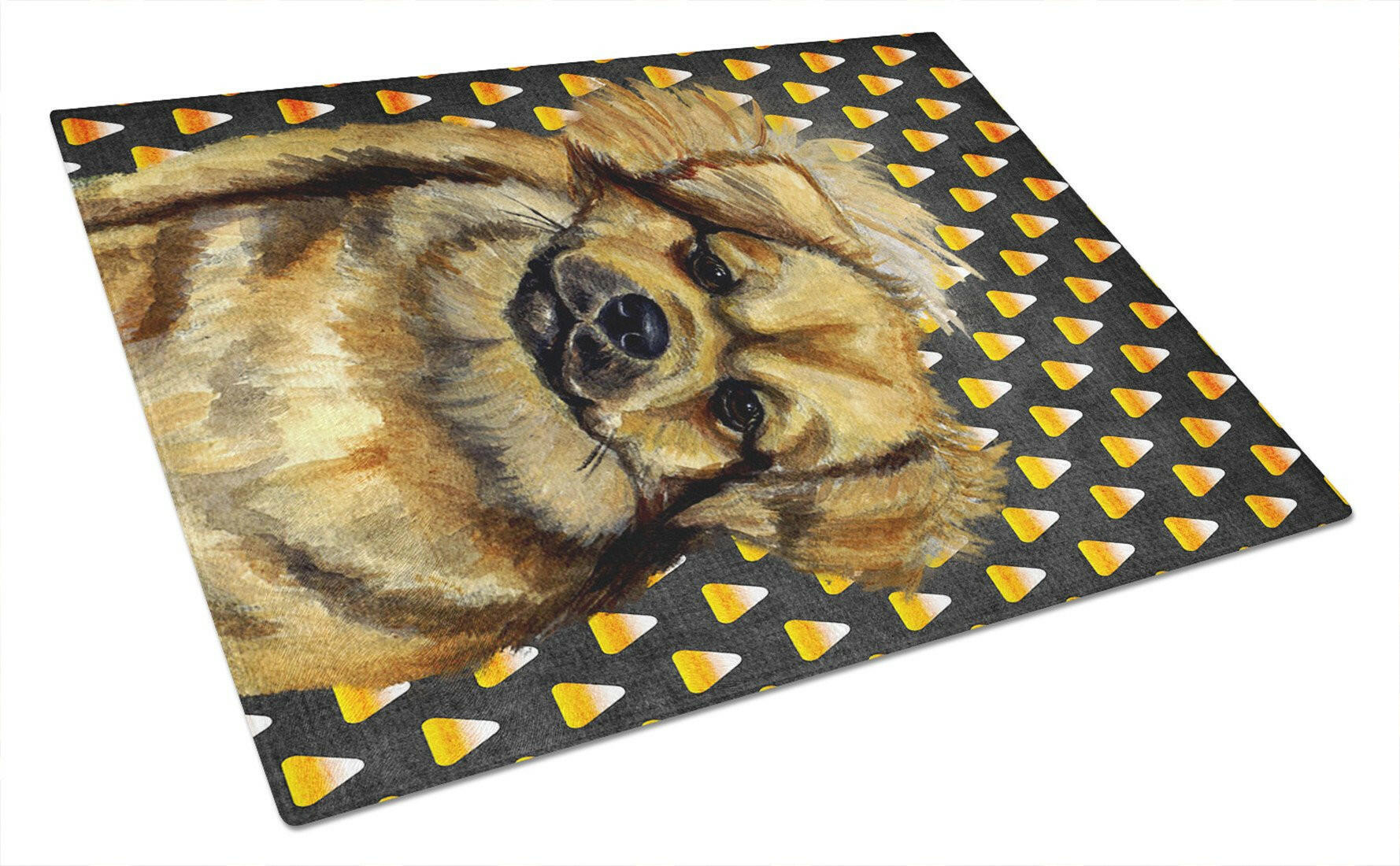Tibetan Spaniel Candy Corn Halloween Portrait Cutting Board Tempered Glass Kitchen Cutting Surface, Heat Resistant Chopping, Non-Slip Feet, Food Prep & Serving