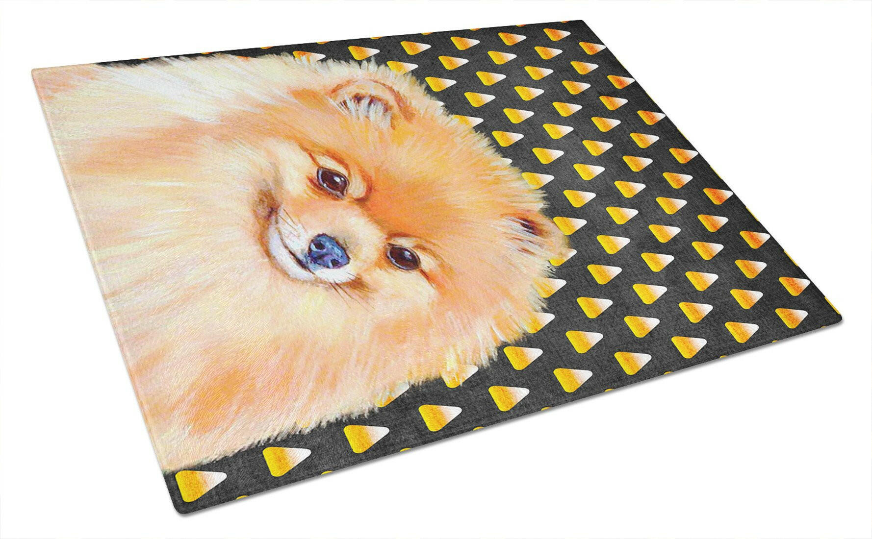 Pomeranian Candy Corn Halloween Portrait Cutting Board Tempered Glass Kitchen Cutting Surface, Heat Resistant Chopping, Non-Slip Feet, Food Prep & Serving