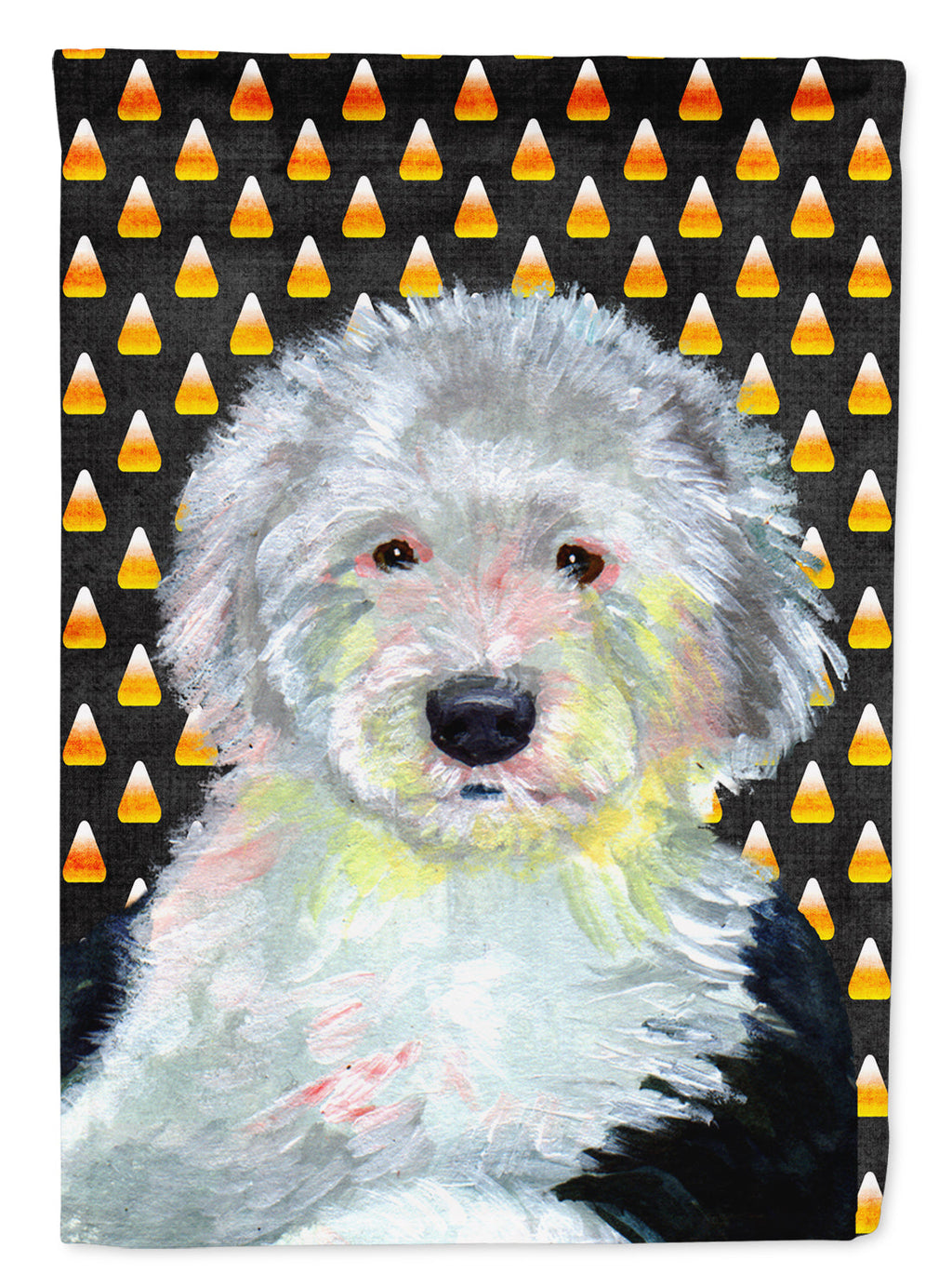 Old English Sheepdog Candy Corn Halloween Portrait House Flag 28x40 Porch Sleeve Pole Decorative Outside Yard Banner Artwork Wall Hanging, Polyester