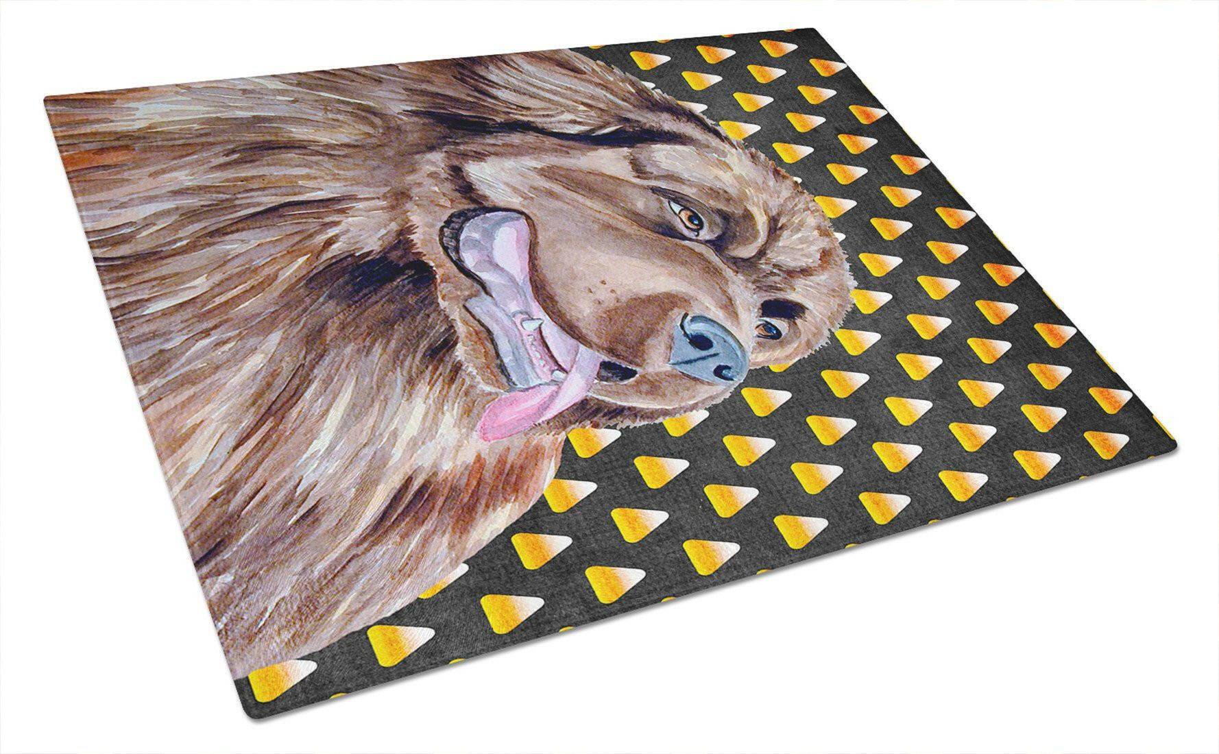 Newfoundland Candy Corn Halloween Portrait Cutting Board Tempered Glass Kitchen Cutting Surface, Heat Resistant Chopping, Non-Slip Feet, Food Prep & Serving