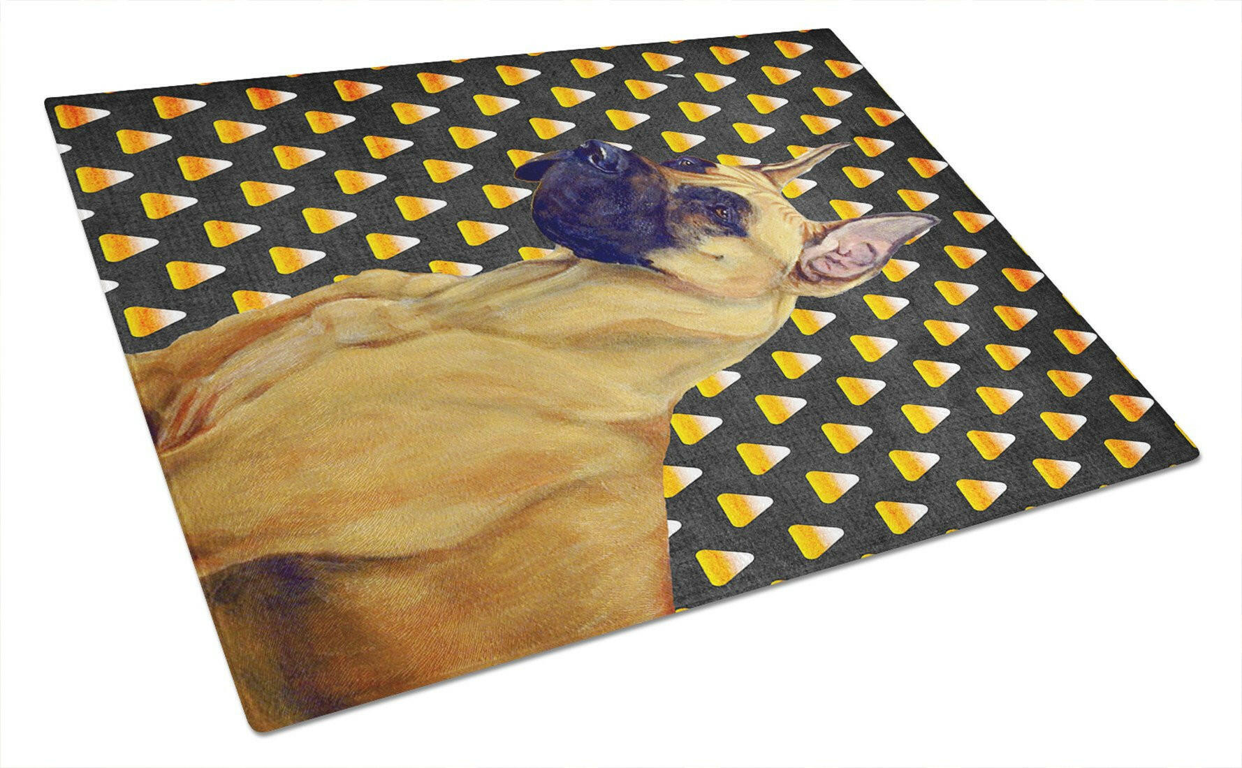 Great Dane Candy Corn Halloween Portrait Cutting Board Tempered Glass Kitchen Cutting Surface, Heat Resistant Chopping, Non-Slip Feet, Food Prep & Serving