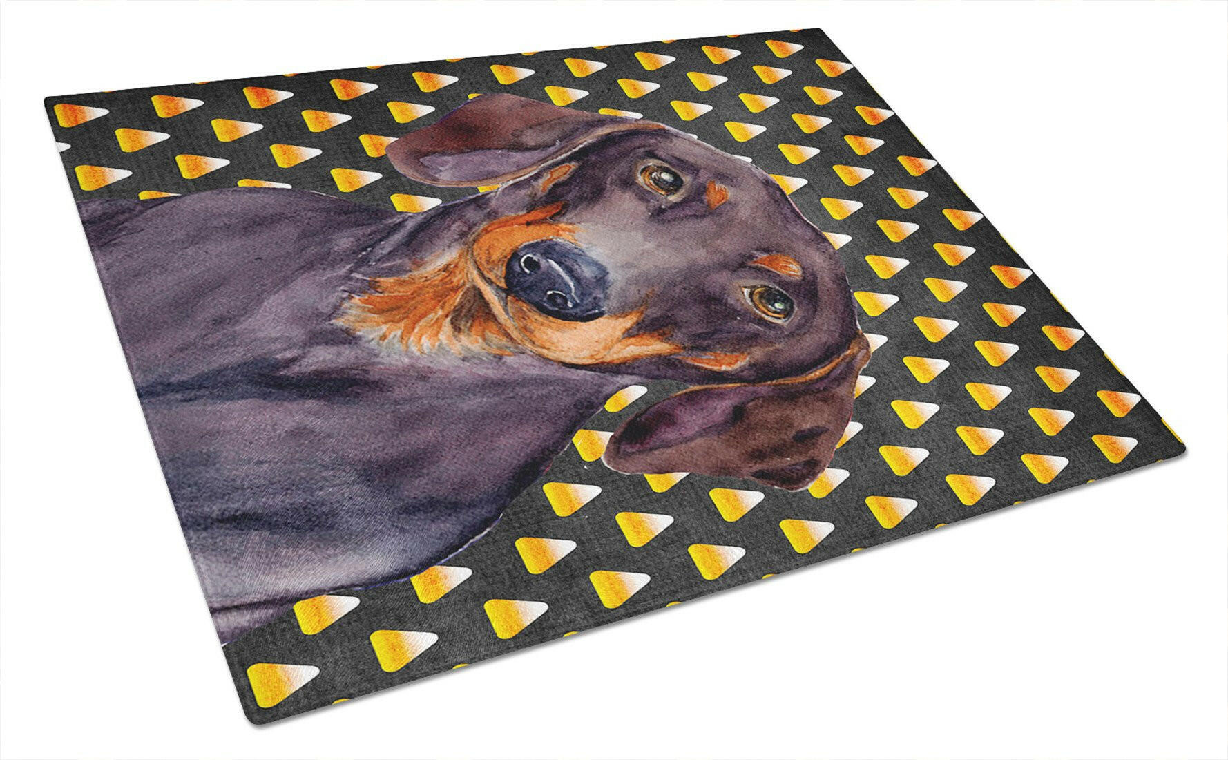Dachshund Candy Corn Halloween Portrait Cutting Board Tempered Glass Kitchen Cutting Surface, Heat Resistant Chopping, Non-Slip Feet, Food Prep & Serving