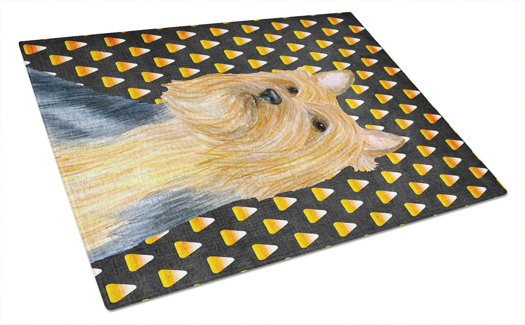 Silky Terrier Candy Corn Halloween Portrait Cutting Board Tempered Glass Kitchen Cutting Surface, Heat Resistant Chopping, Non-Slip Feet, Food Prep & Serving
