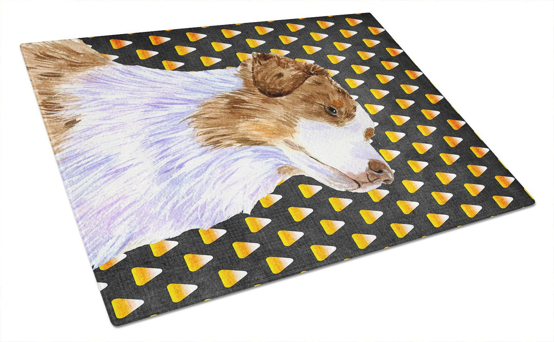 Australian Shepherd Candy Corn Halloween Portrait Cutting Board Tempered Glass Kitchen Cutting Surface, Heat Resistant Chopping, Non-Slip Feet, Food Prep & Serving