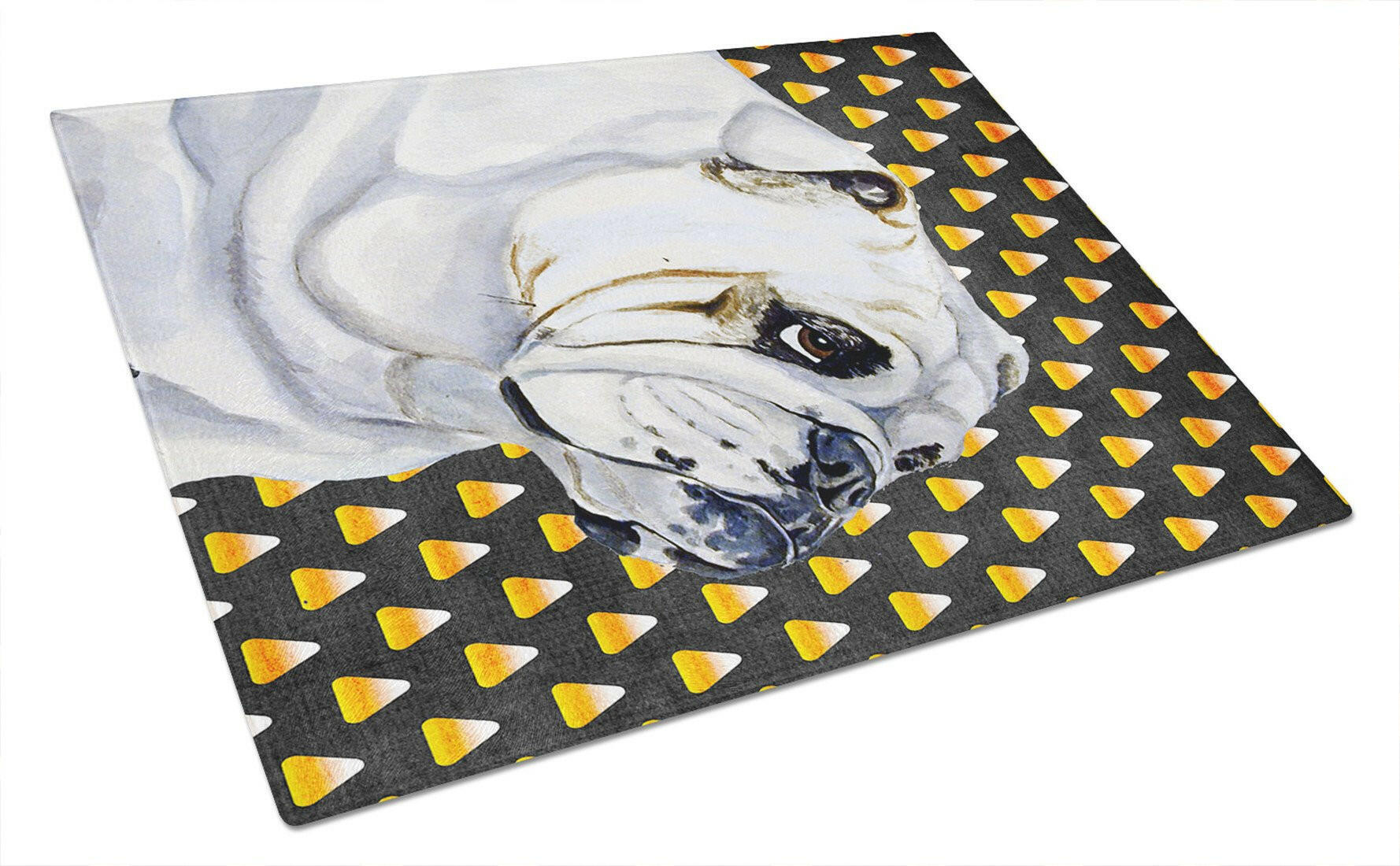 Bulldog English Candy Corn Halloween Portrait Cutting Board Tempered Glass Kitchen Cutting Surface, Heat Resistant Chopping, Non-Slip Feet, Food Prep & Serving