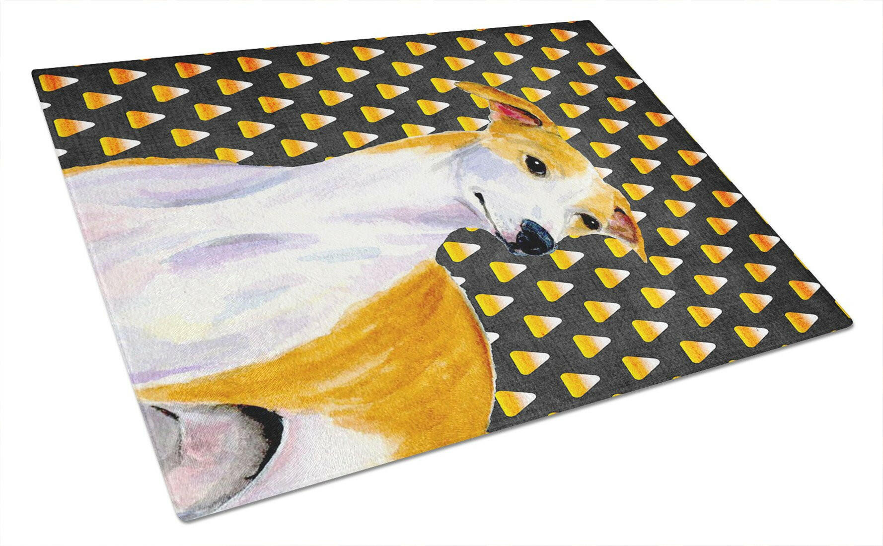 Whippet Candy Corn Halloween Portrait Cutting Board Tempered Glass Kitchen Cutting Surface, Heat Resistant Chopping, Non-Slip Feet, Food Prep & Serving