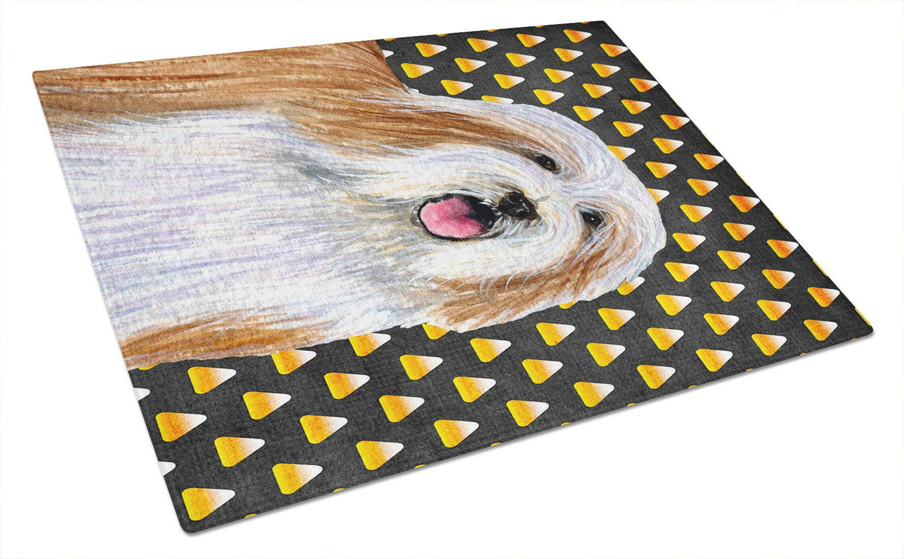 Bearded Collie Candy Corn Halloween Portrait Cutting Board Tempered Glass Kitchen Cutting Surface, Heat Resistant Chopping, Non-Slip Feet, Food Prep & Serving