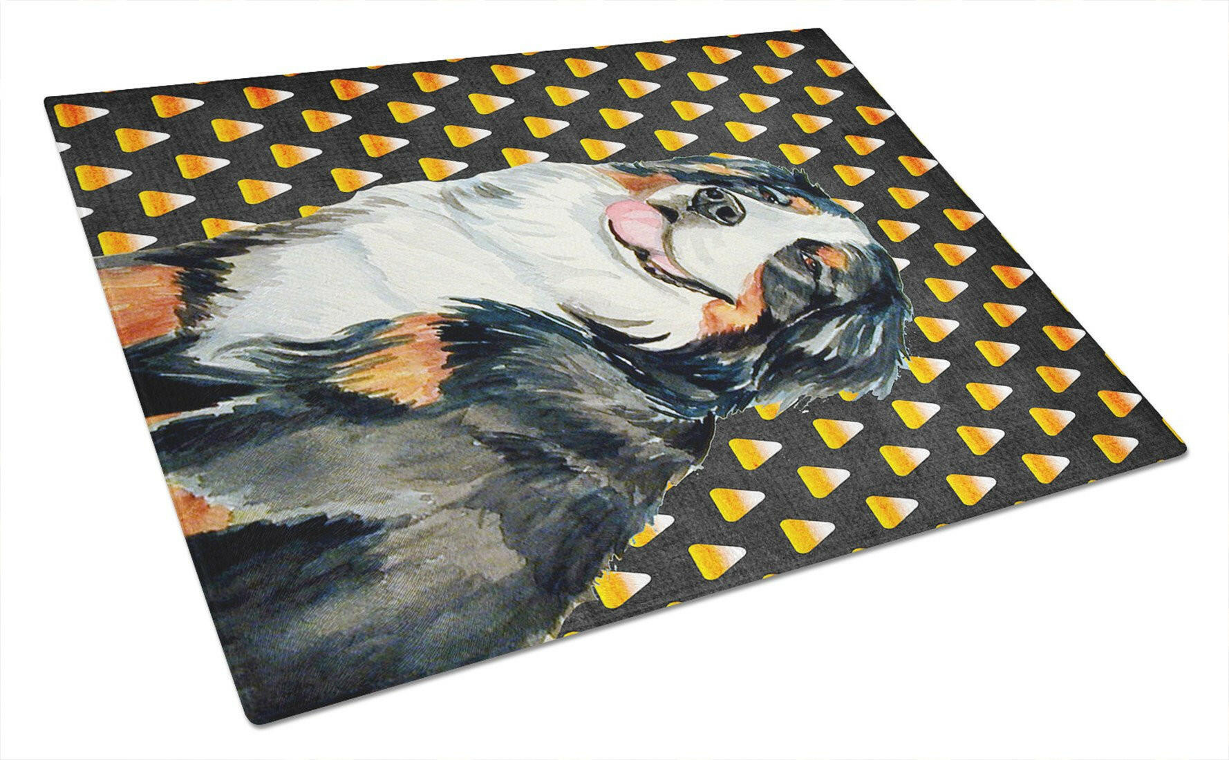 Bernese Mountain Dog Candy Corn Halloween Portrait Cutting Board Tempered Glass Kitchen Cutting Surface, Heat Resistant Chopping, Non-Slip Feet, Food Prep & Serving