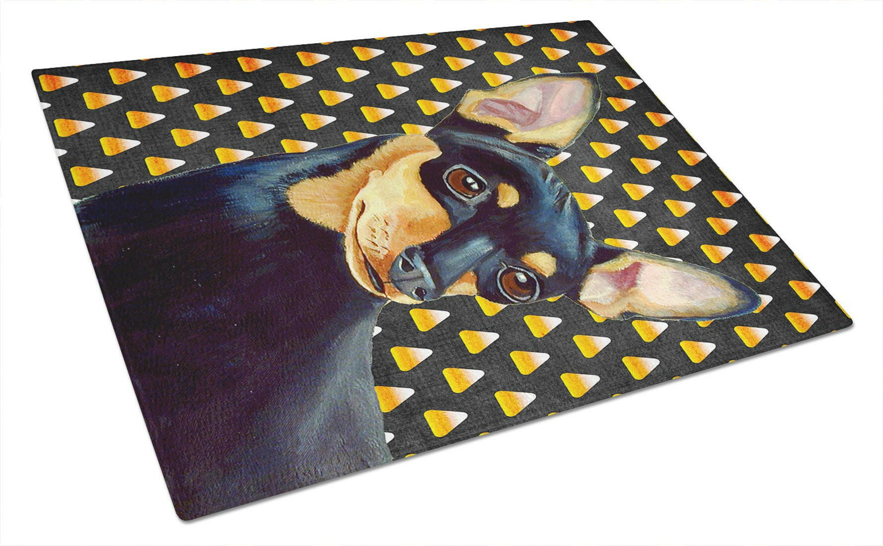 Min Pin Candy Corn Halloween Portrait Cutting Board Tempered Glass Kitchen Cutting Surface, Heat Resistant Chopping, Non-Slip Feet, Food Prep & Serving