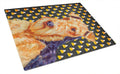 Airedale Candy Corn Halloween Portrait Cutting Board Tempered Glass Kitchen Cutting Surface, Heat Resistant Chopping, Non-Slip Feet, Food Prep & Serving