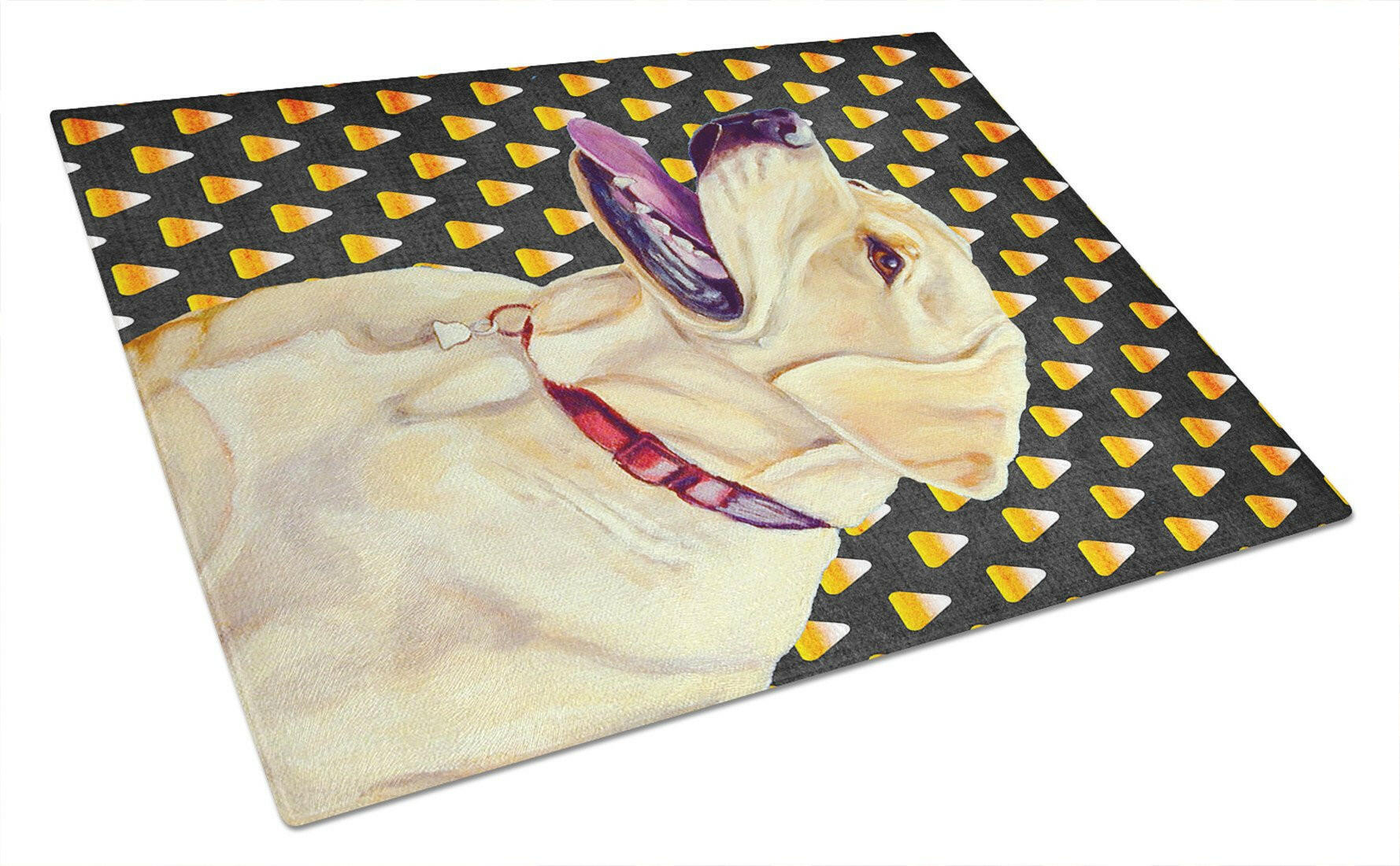 Labrador Yellow Candy Corn Halloween Portrait Cutting Board Tempered Glass Kitchen Cutting Surface, Heat Resistant Chopping, Non-Slip Feet, Food Prep & Serving