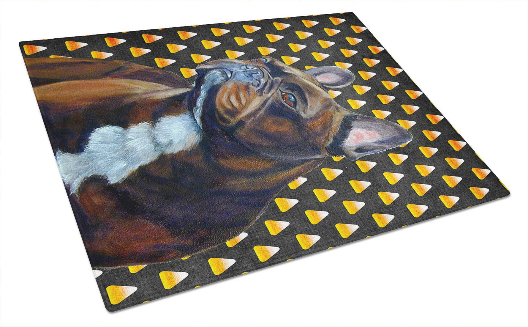 French Bulldog Candy Corn Halloween Portrait Cutting Board Tempered Glass Kitchen Cutting Surface, Heat Resistant Chopping, Non-Slip Feet, Food Prep & Serving
