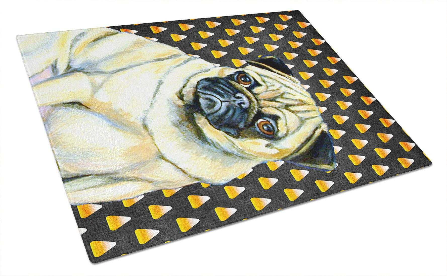 Pug Candy Corn Halloween Portrait Cutting Board Tempered Glass Kitchen Cutting Surface, Heat Resistant Chopping, Non-Slip Feet, Food Prep & Serving