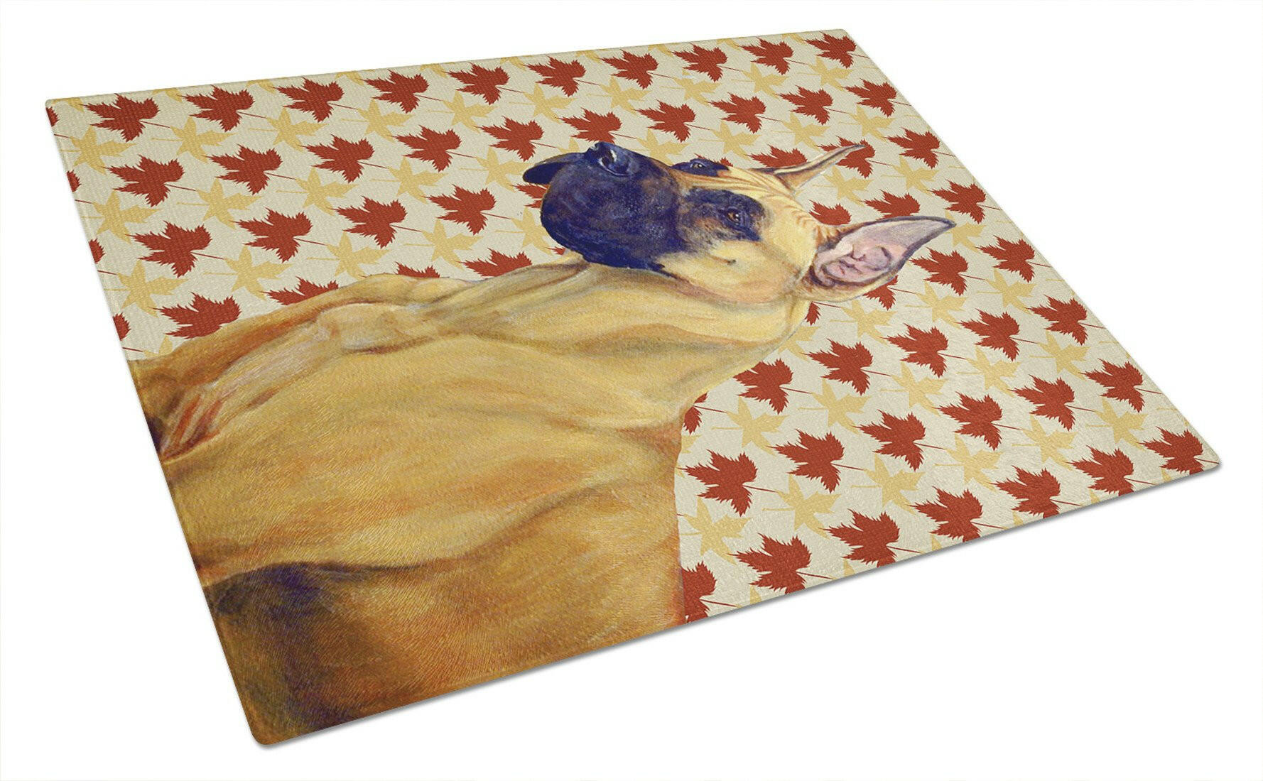 Great Dane Fall Leaves Portrait Cutting Board Tempered Glass Kitchen Cutting Surface, Heat Resistant Chopping, Non-Slip Feet, Food Prep & Serving