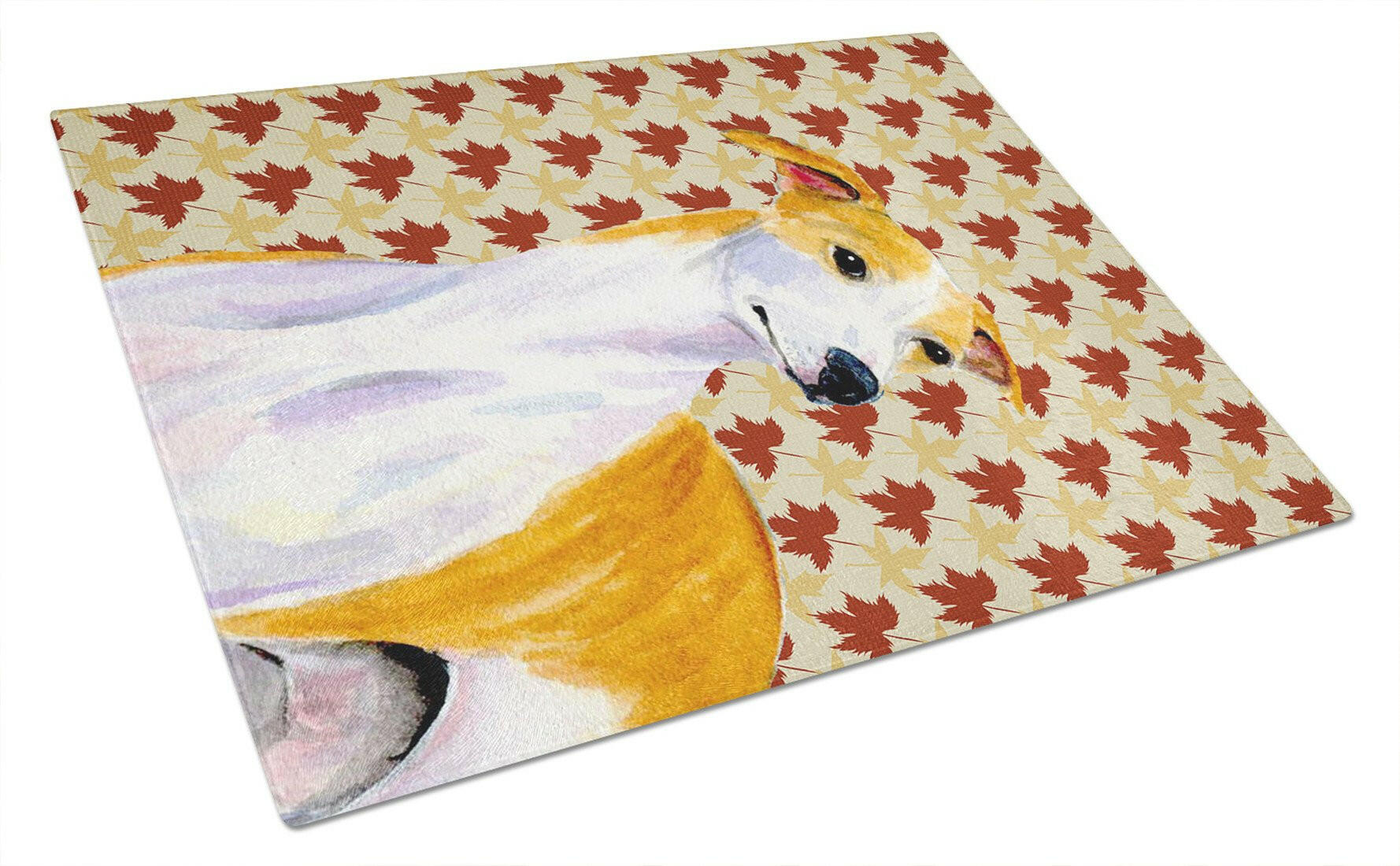 Whippet Fall Leaves Portrait Cutting Board Tempered Glass Kitchen Cutting Surface, Heat Resistant Chopping, Non-Slip Feet, Food Prep & Serving