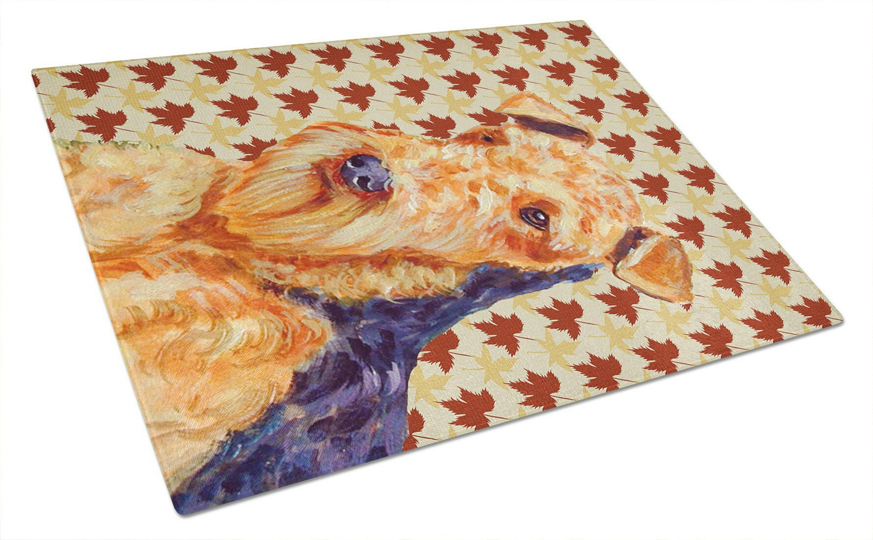 Airedale Fall Leaves Portrait Cutting Board Tempered Glass Kitchen Cutting Surface, Heat Resistant Chopping, Non-Slip Feet, Food Prep & Serving