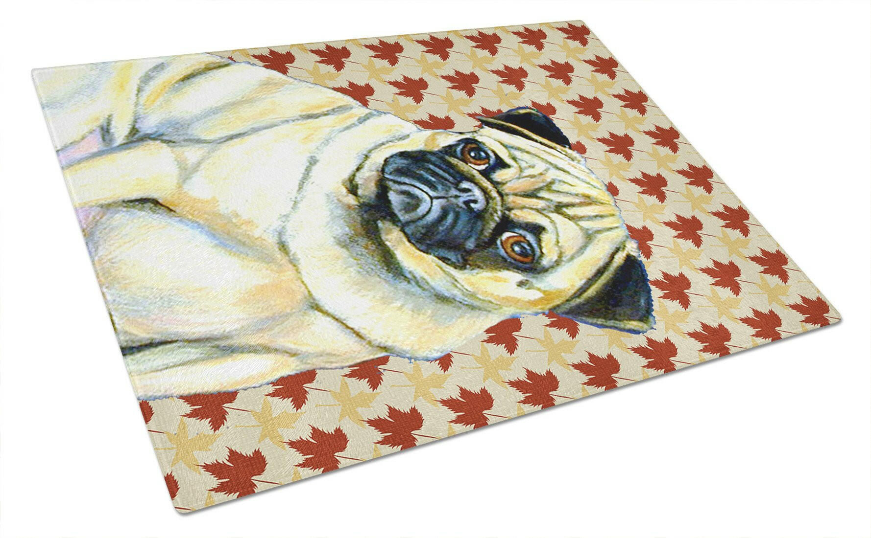 Pug Fall Leaves Portrait Cutting Board Tempered Glass Kitchen Cutting Surface, Heat Resistant Chopping, Non-Slip Feet, Food Prep & Serving