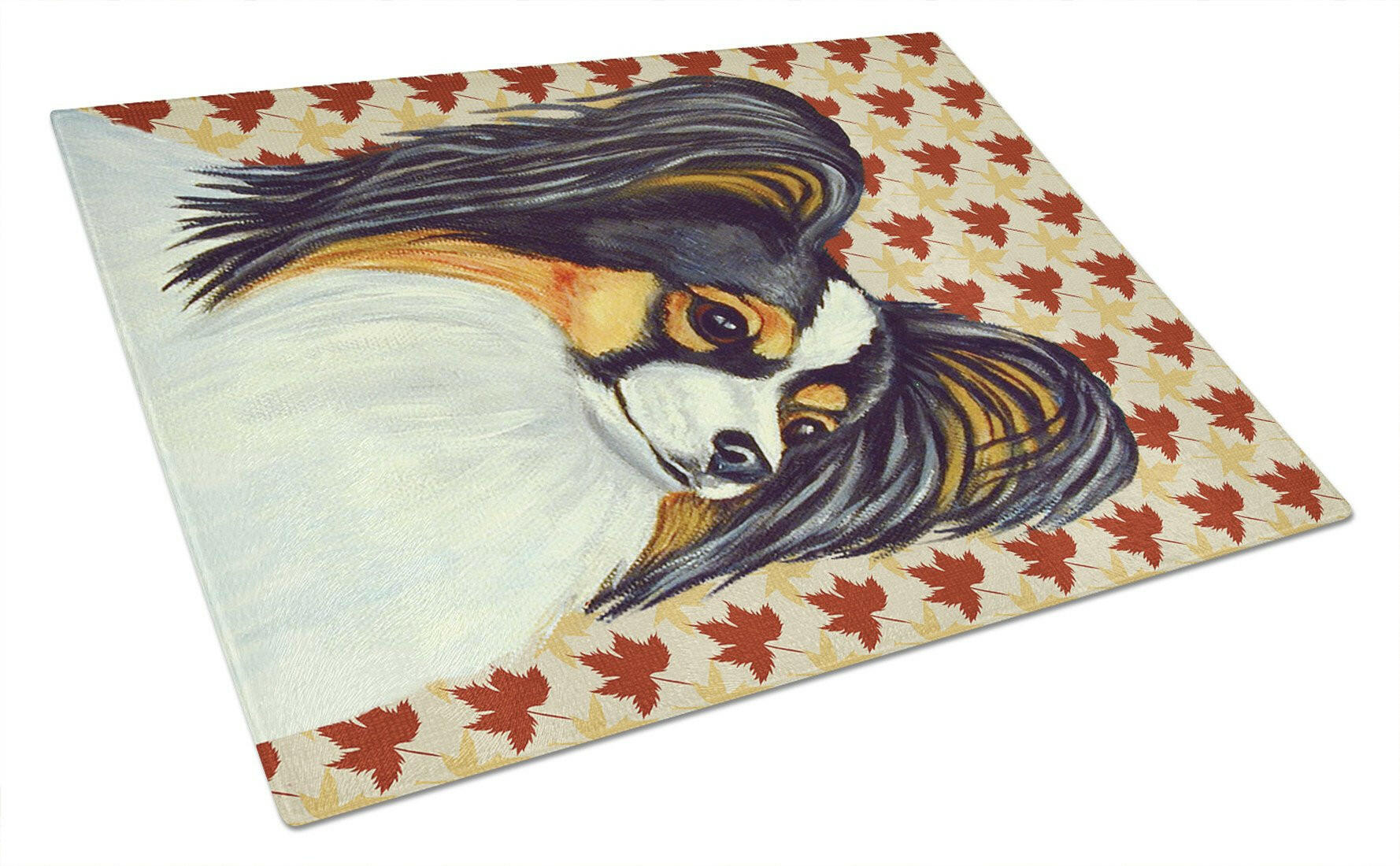 Papillon Fall Leaves Portrait Cutting Board Tempered Glass Kitchen Cutting Surface, Heat Resistant Chopping, Non-Slip Feet, Food Prep & Serving