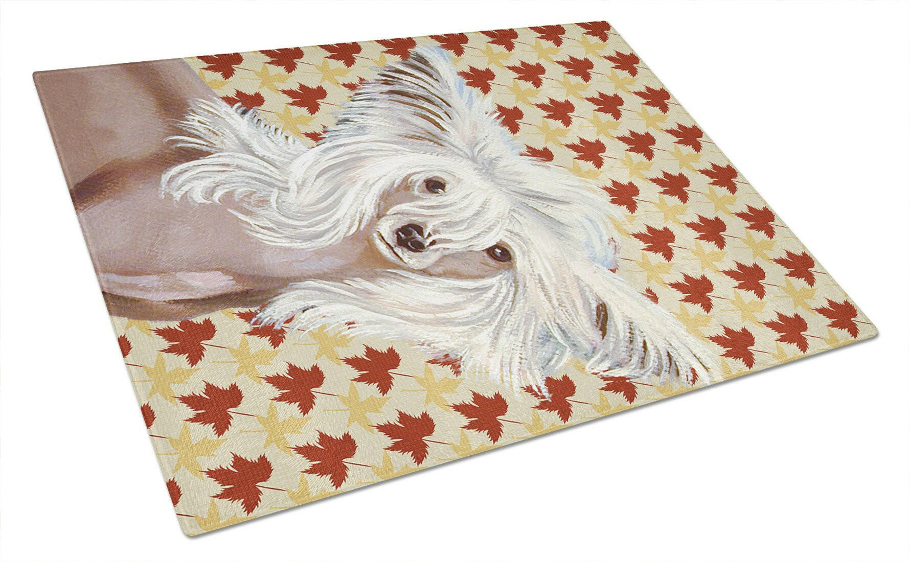 Chinese Crested Fall Leaves Portrait Cutting Board Tempered Glass Kitchen Cutting Surface, Heat Resistant Chopping, Non-Slip Feet, Food Prep & Serving