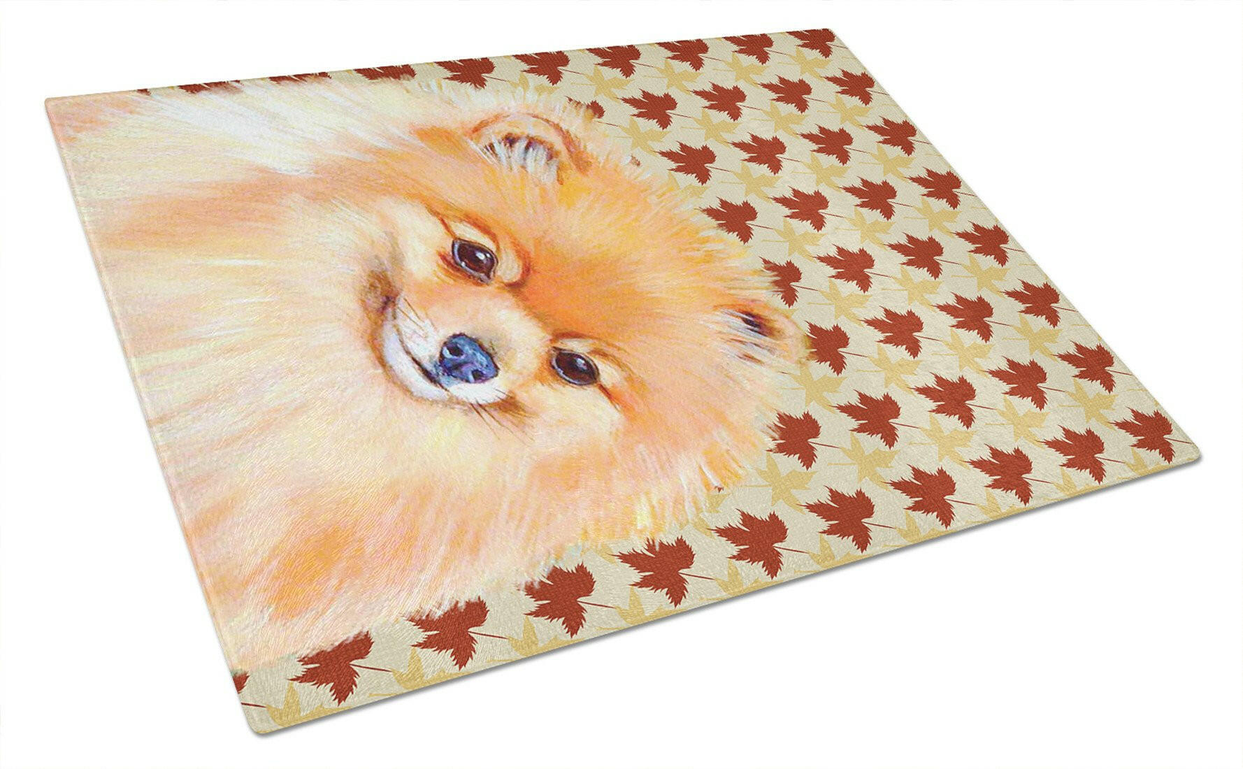 Pomeranian Fall Leaves Portrait Cutting Board Tempered Glass Kitchen Cutting Surface, Heat Resistant Chopping, Non-Slip Feet, Food Prep & Serving
