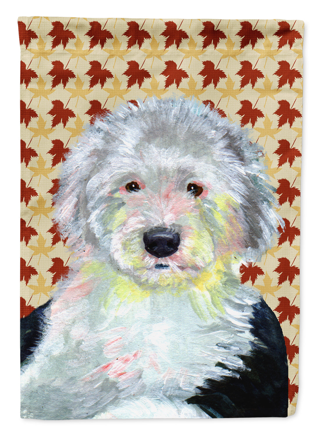 Old English Sheepdog Fall Leaves Portrait House Flag 28x40 Porch Sleeve Pole Decorative Outside Yard Banner Artwork Wall Hanging, Polyester