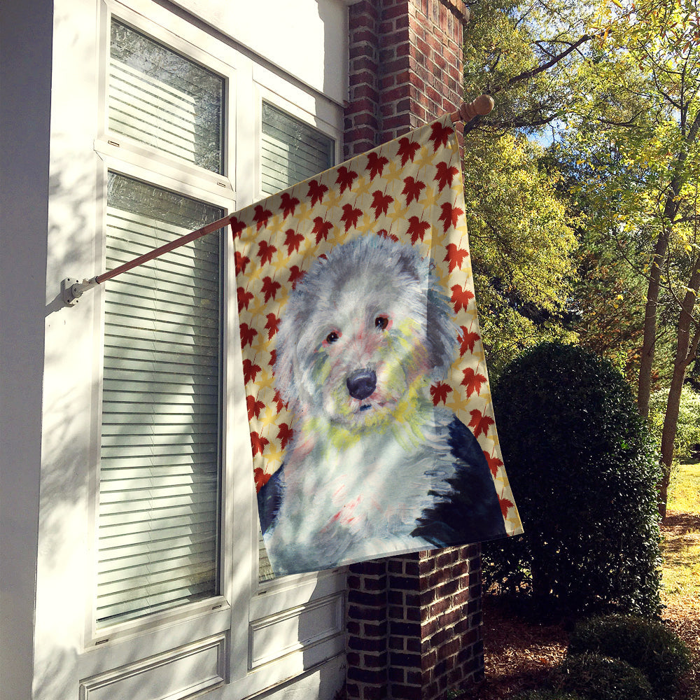 Old English Sheepdog Fall Leaves Portrait House Flag 28x40 Porch Sleeve Pole Decorative Outside Yard Banner Artwork Wall Hanging, Polyester