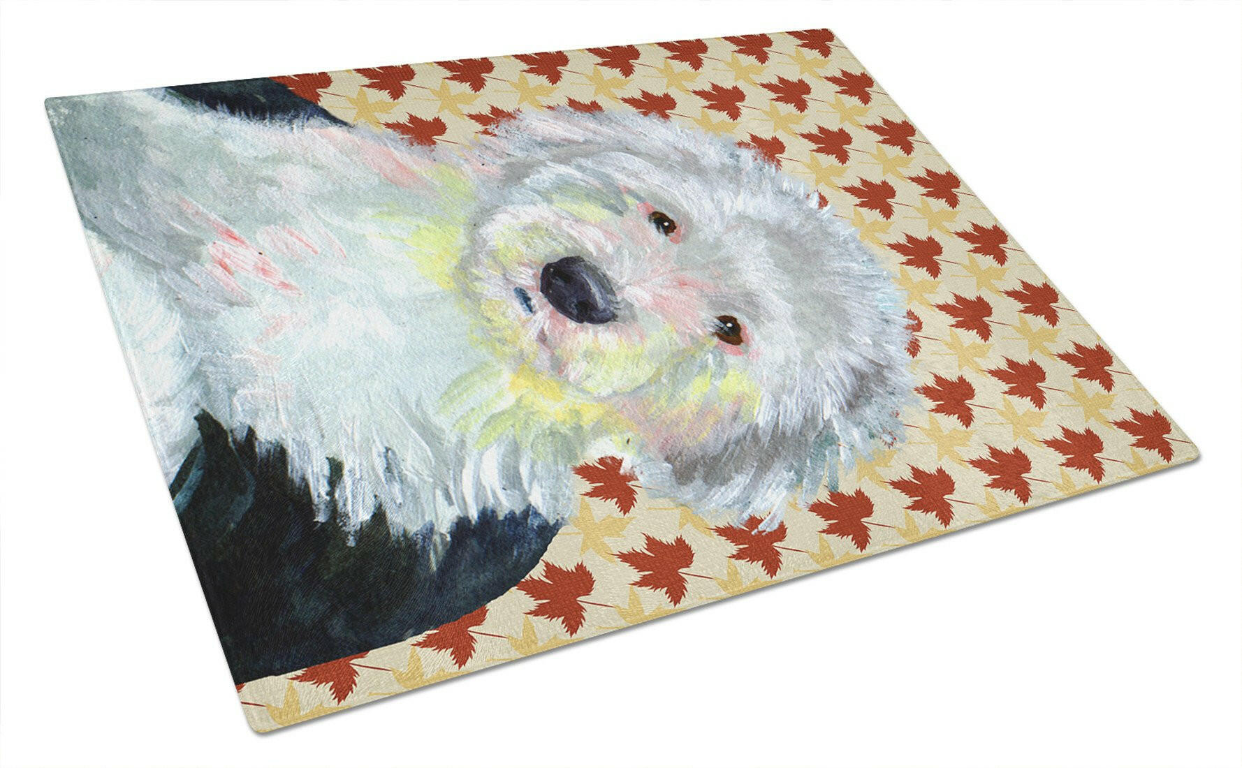 Old English Sheepdog Fall Leaves Portrait Cutting Board Tempered Glass Kitchen Cutting Surface, Heat Resistant Chopping, Non-Slip Feet, Food Prep & Serving
