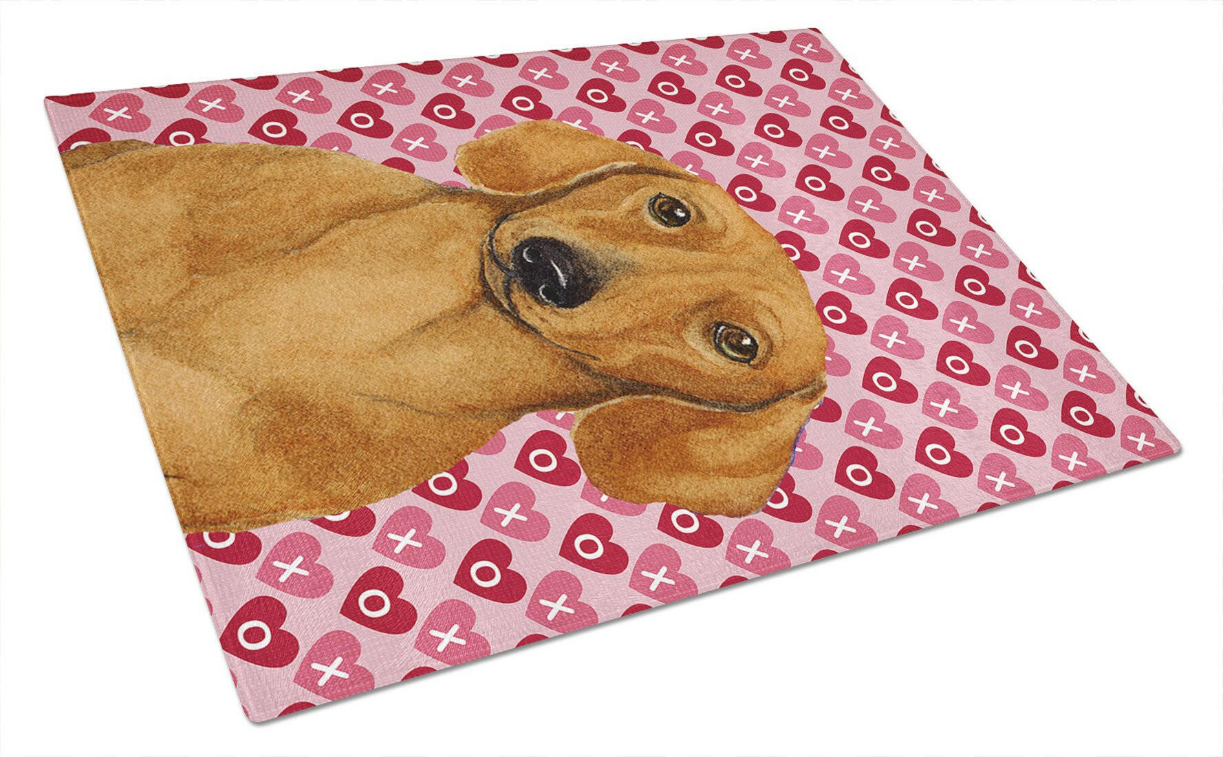 Dachshund Hearts Love and Valentine's Day Portrait Cutting Board Tempered Glass Kitchen Cutting Surface, Heat Resistant Chopping, Non-Slip Feet, Food Prep & Serving