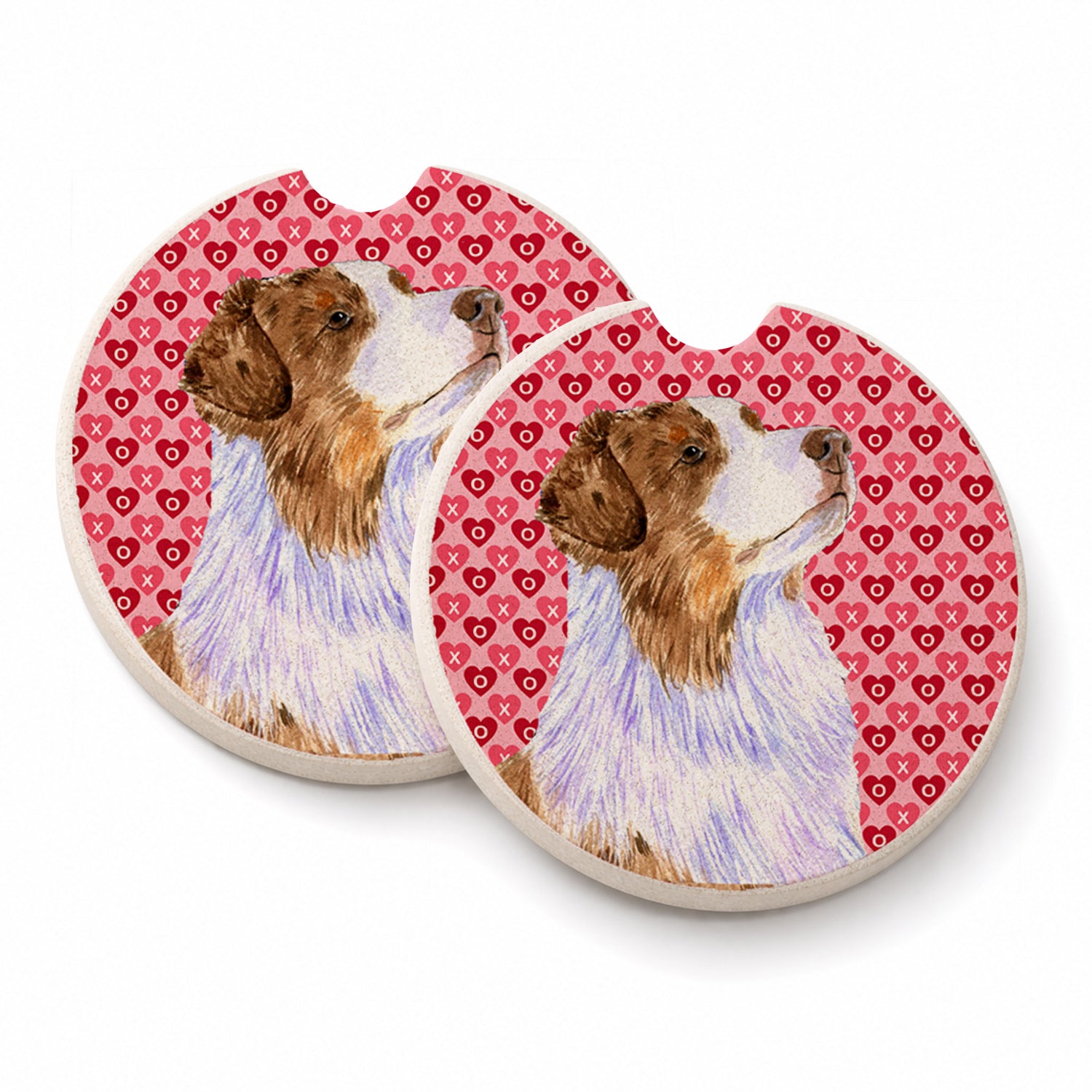 Australian Shepherd Hearts Love Valentine's Day Set of 2 Cup Holder Car Coasters Absorbent Round Sandstone Coasters Gifts for Men or Women, 2.5, Multicolor