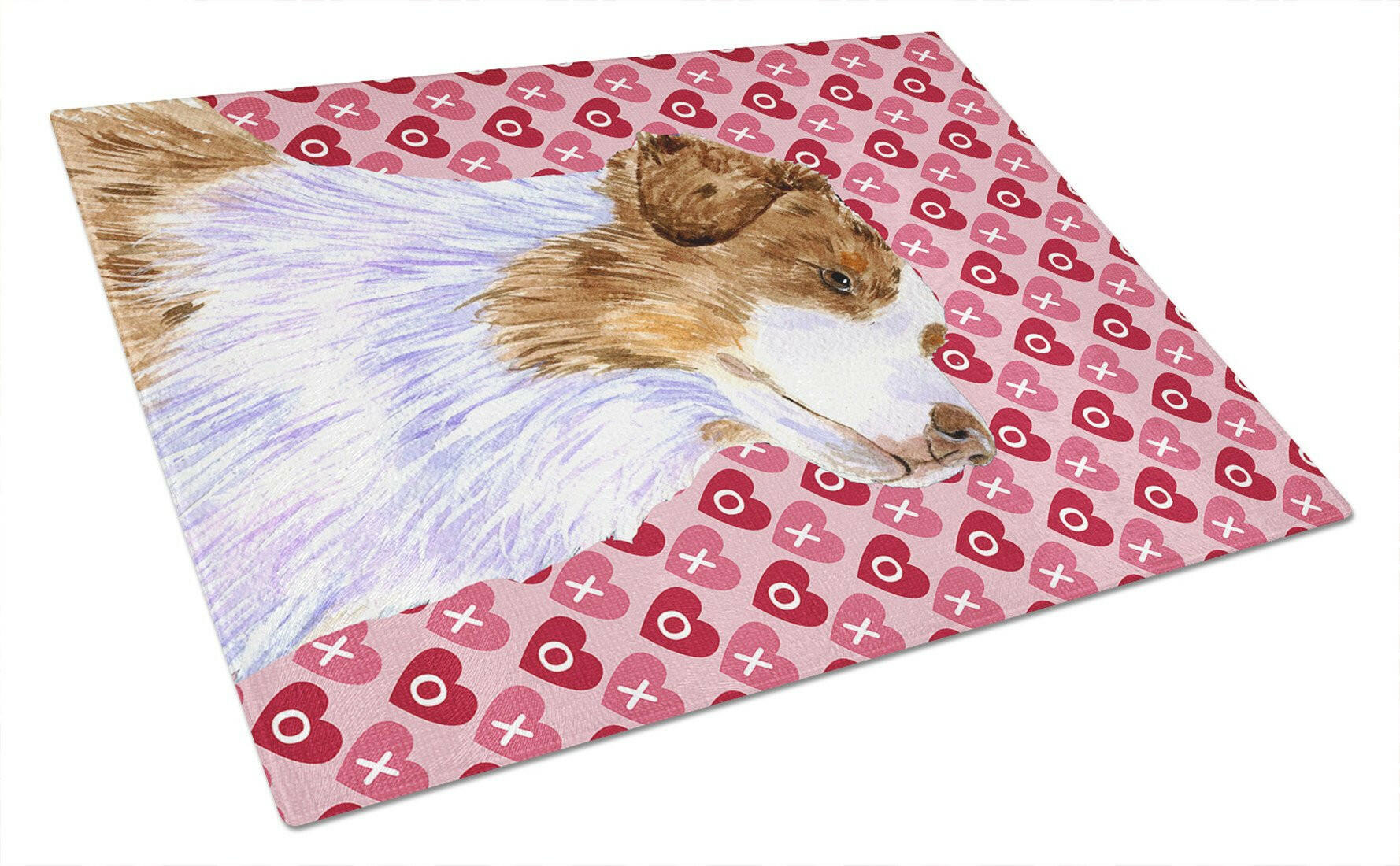 Australian Shepherd Hearts Love Valentine's Day Cutting Board Tempered Glass Kitchen Cutting Surface, Heat Resistant Chopping, Non-Slip Feet, Food Prep & Serving
