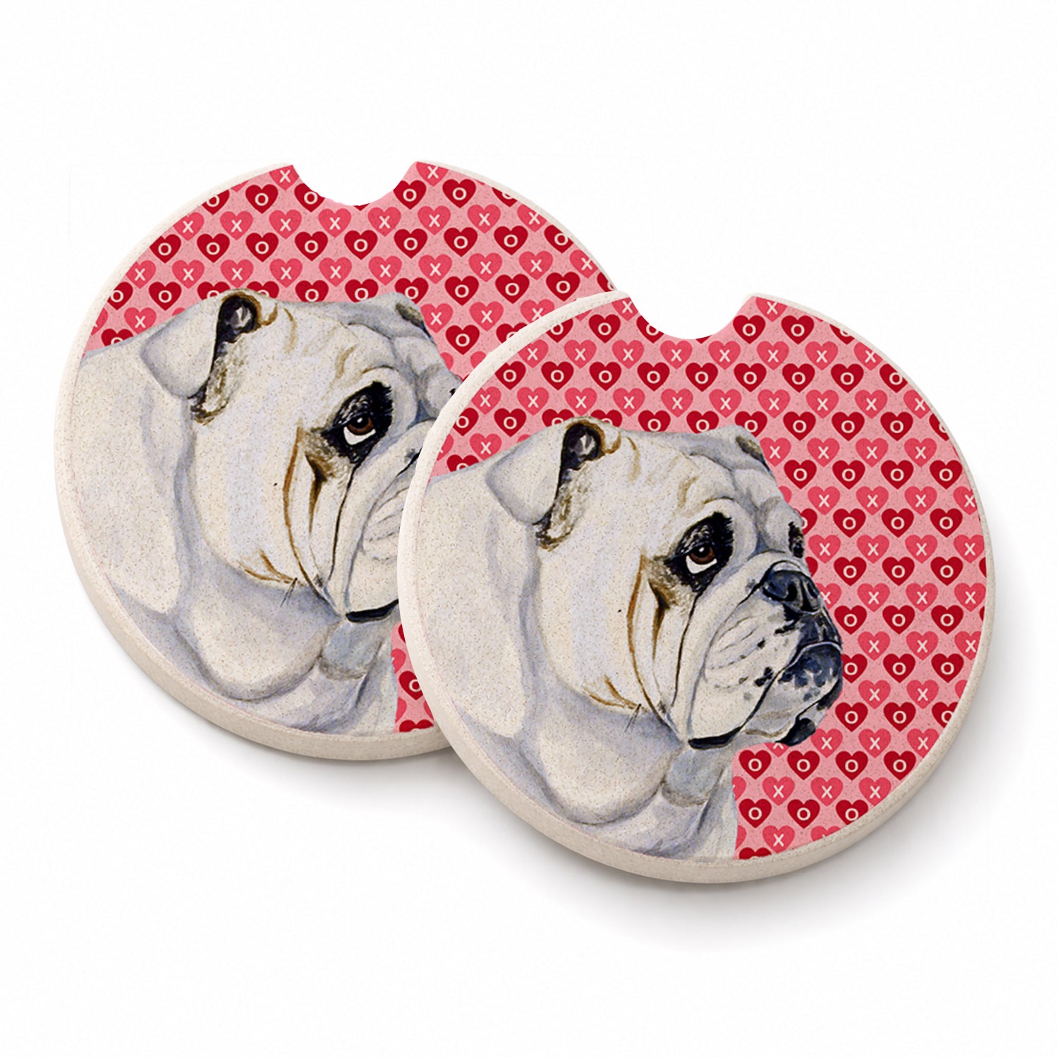 Bulldog English Hearts Love Valentine's Day Set of 2 Cup Holder Car Coasters Absorbent Round Sandstone Coasters Gifts for Men or Women, 2.5, Multicolor
